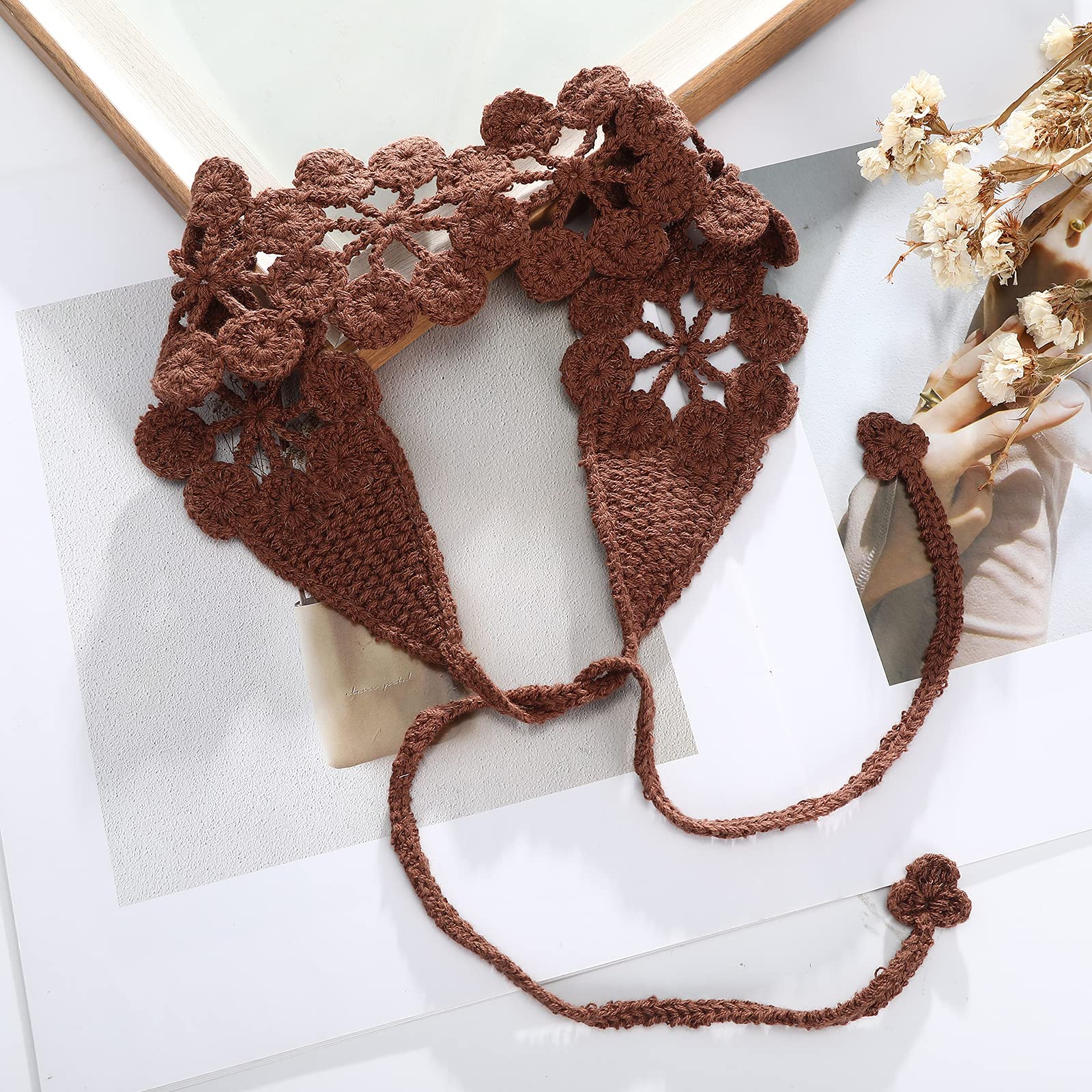 CHLINS Daisy Handmade Bohemian Knit Head Wraps - 3PCS Stretchy Crochet Headbands for Women & Girls (Dark Coffee, Pink, Turmeric) | Perfect for Yoga, Beach, Music Festivals & Boho Fashion