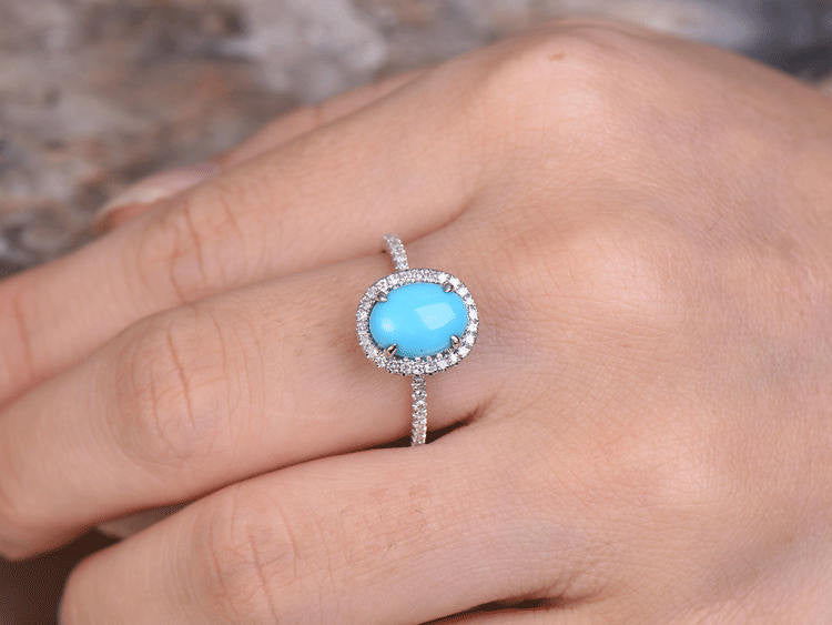 6x8mm Oval Cut Turquoise Engagement Ring - 925 Sterling Silver White Gold Plated Art Deco Wedding Band for Women, Halo Bridal Jewelry, Perfect for Proposals, Anniversaries & Special Occasions