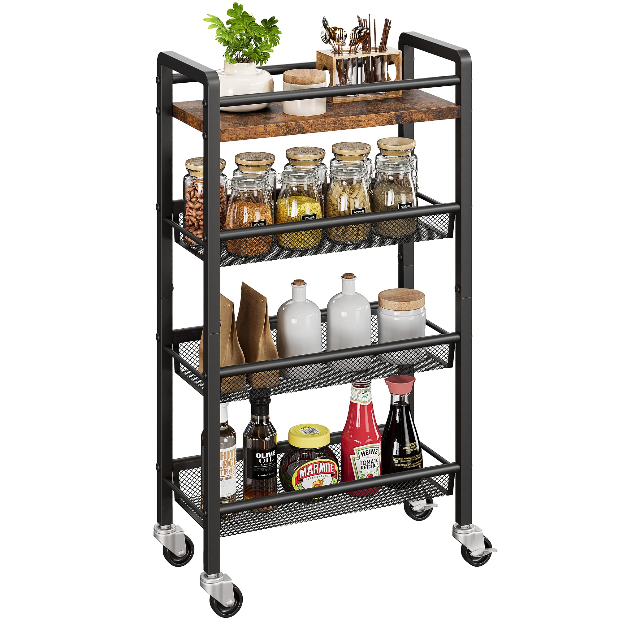 4 Tier Slim Rolling Storage Cart - Narrow Kitchen & Bathroom Utility Cart with Wheels, Vintage Style Mobile Shelf for Small Spaces (7.9