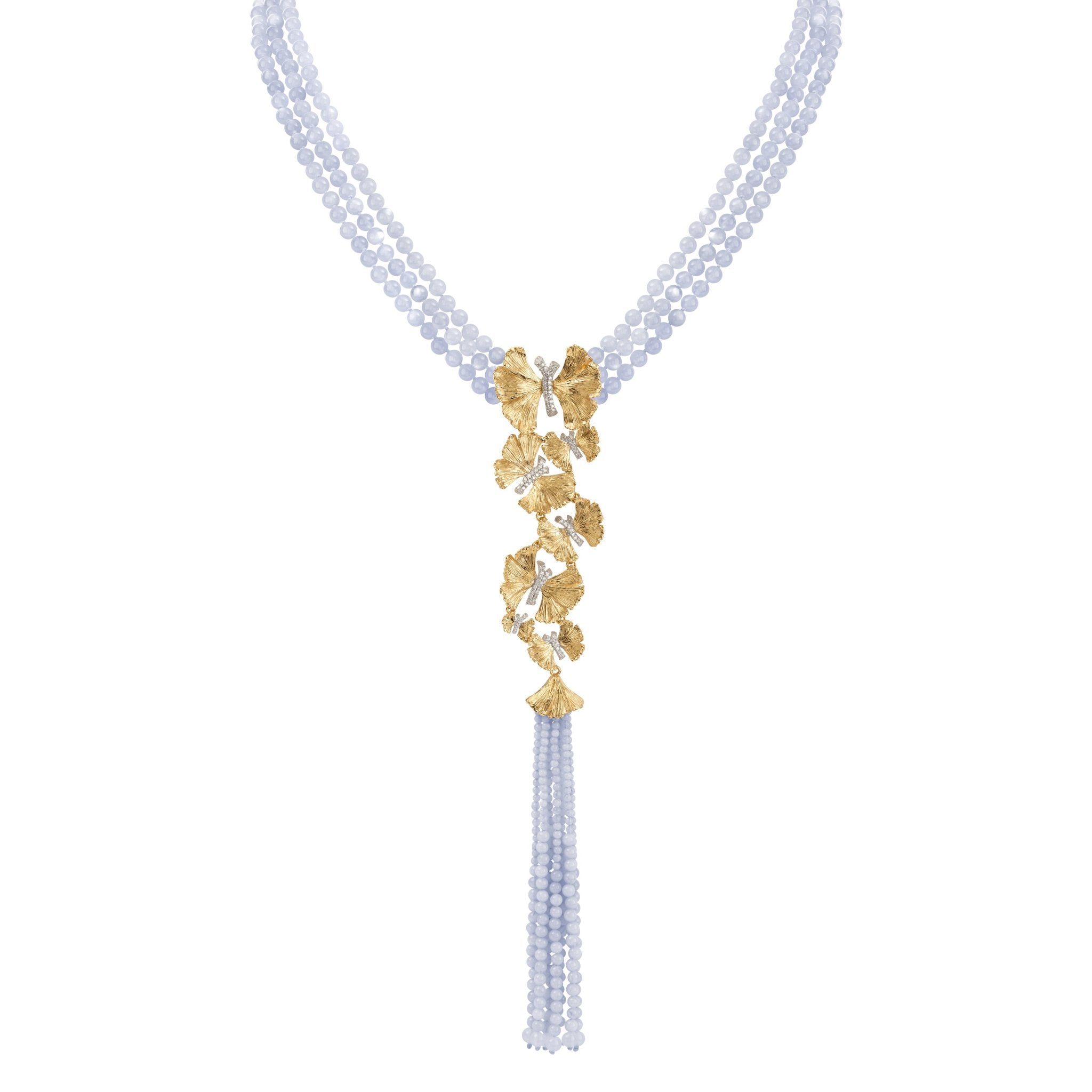 Butterfly Ginkgo Leaf Tassel Necklace - Elegant Chalcedony & Diamond Pendant for Women - Perfect for Weddings, Parties & Special Occasions