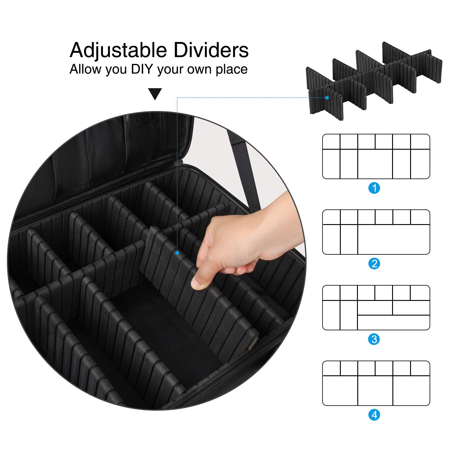 Relavel Professional Large Travel Makeup Train Case - Portable Cosmetic Organizer with Adjustable Dividers & Brush Holder (Black, Large) - Perfect for Makeup Artists, Travel & Home Storage