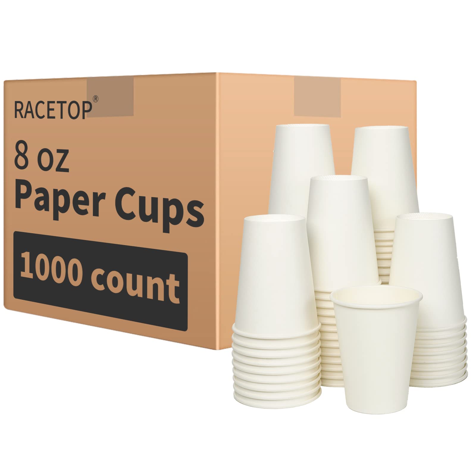 RACETOP 8 oz Disposable Paper Coffee Cups - 1000 Pack Bulk White Hot Drink Cups for Coffee, Tea, Hot Chocolate - Perfect for Parties, Home, Office & Cafes - Eco-Friendly Paper Cups for Daily Use & Events