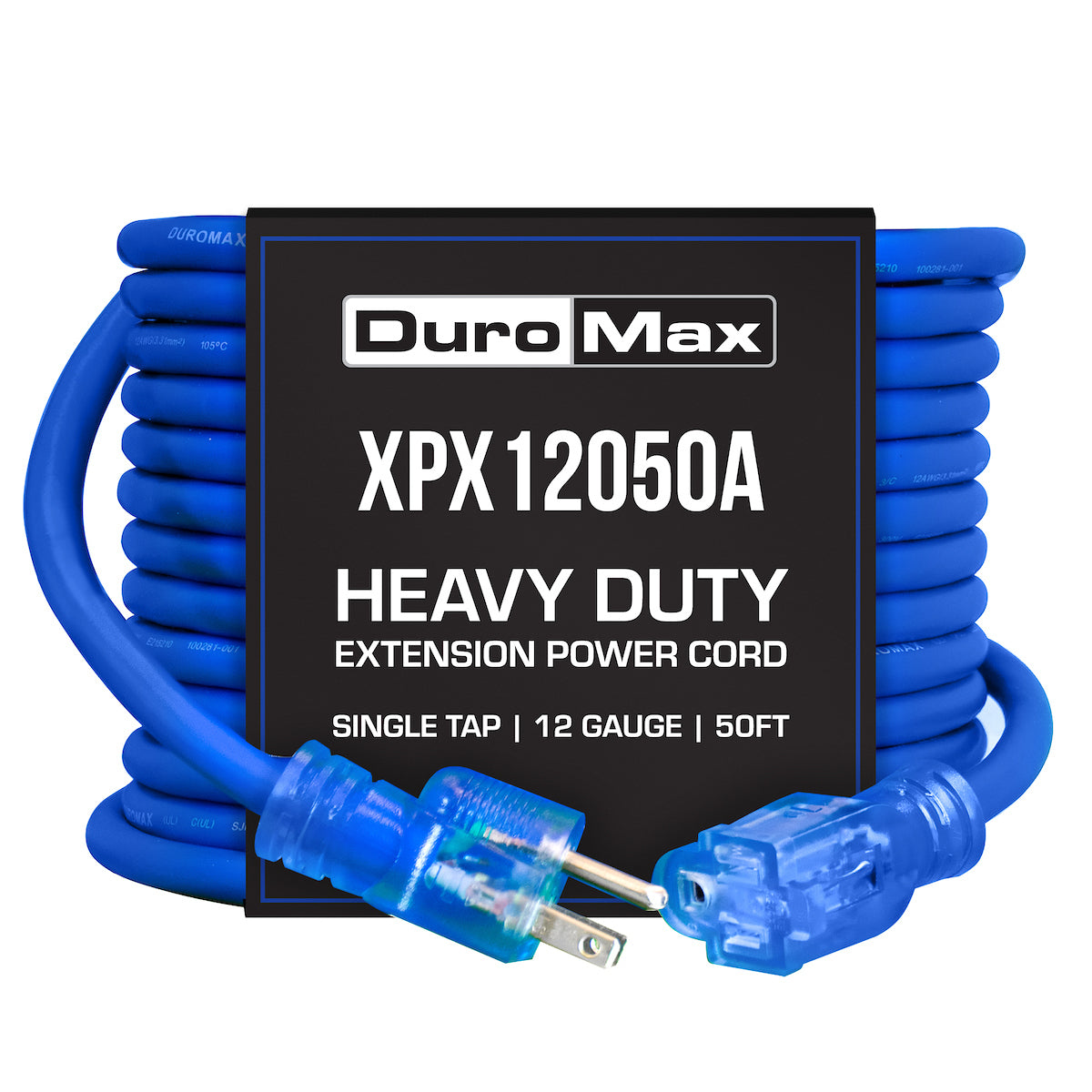 DuroMax XPX12050A 12 Gauge 50ft Heavy Duty Extension Cord - SJEOOW Certified, Blue Single Tap Power Cable for Outdoor Tools, Construction Equipment & Workshop Use