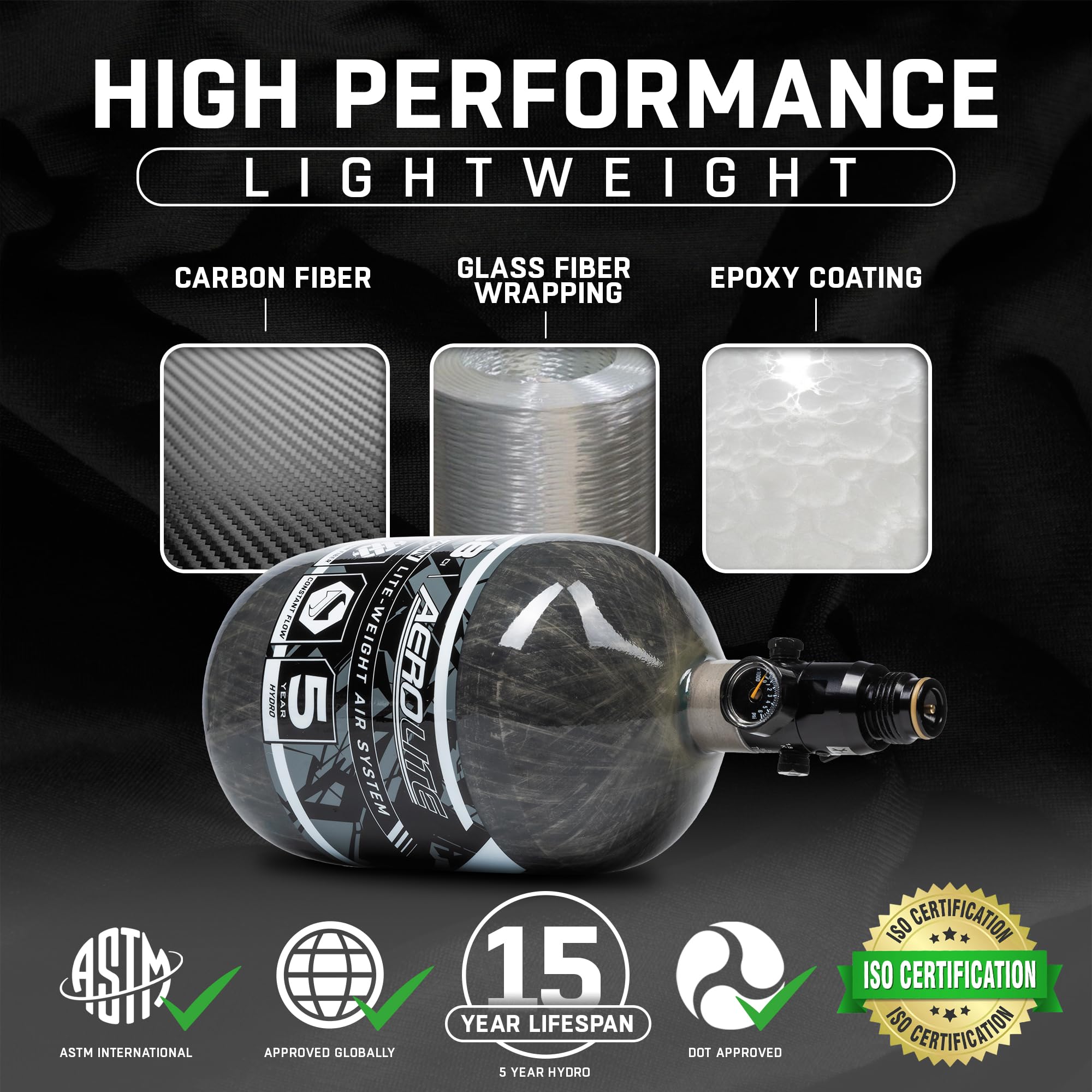 HK Army 68/4500 Aerolite Carbon Fiber HPA Paintball Air Tank System - Lightweight Compressed Air Tank for Tournament & Woodsball Play