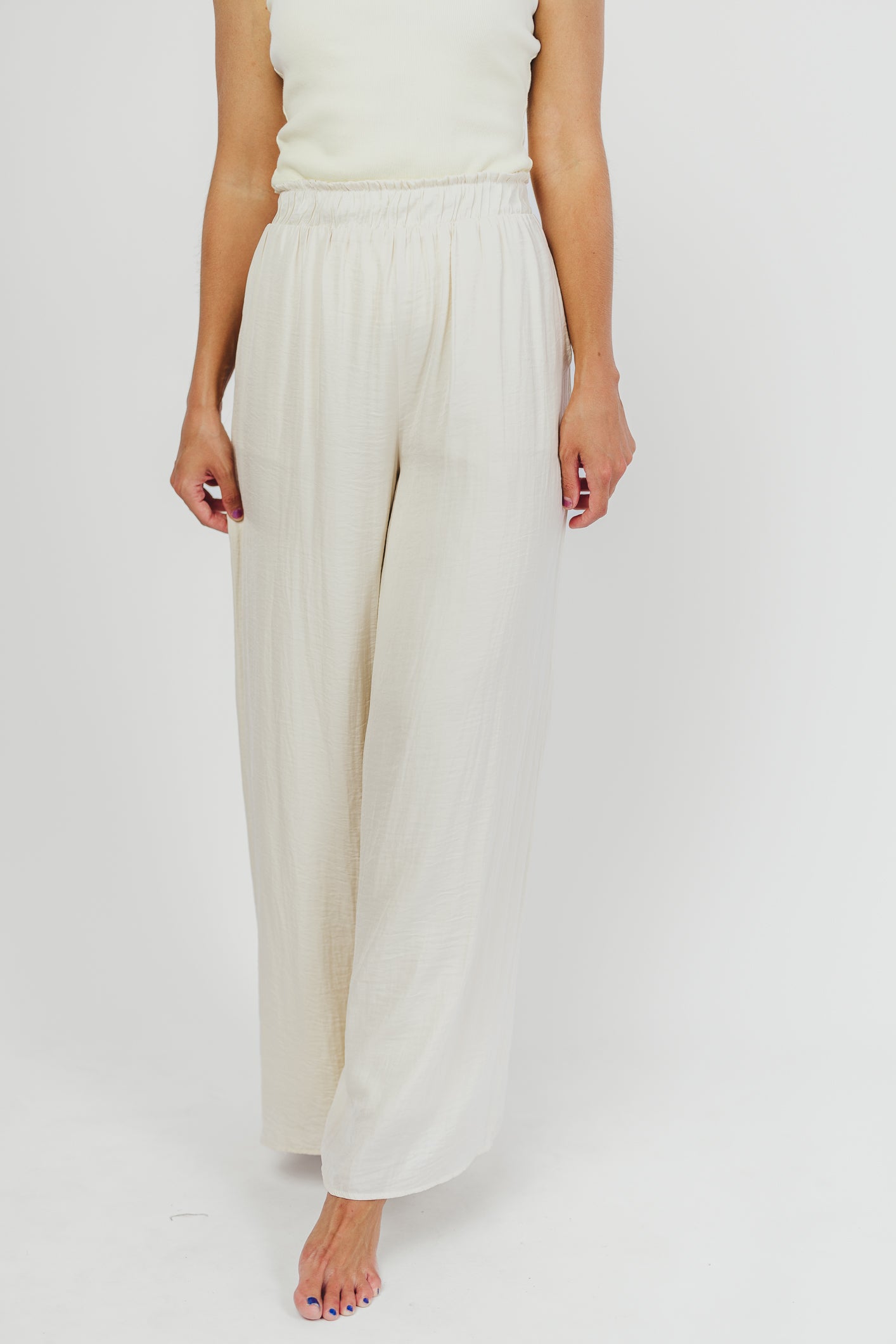 Zahara Women's High Waisted Wide Leg Pants - Soft Linen Blend Ivory Trousers for Work, Office & Casual Wear | Comfortable Elastic Waist Lounge Pants for Summer