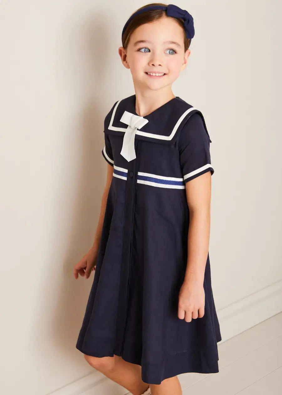 Navy Blue Mariner Collar Bow Detail Short Sleeve Dress for Girls (4-12 Years) - Perfect for School, Parties & Special Occasions