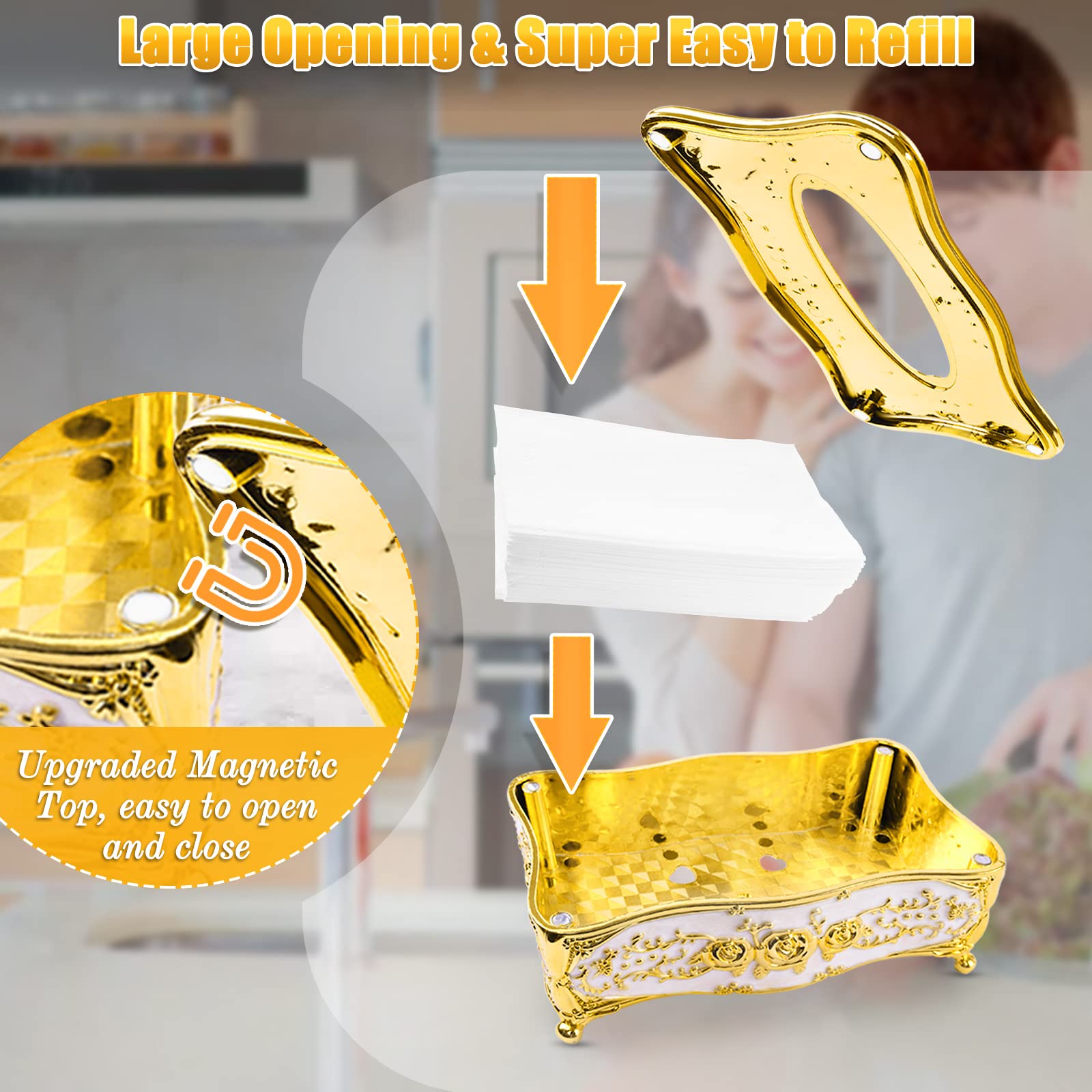 2PCS Gold Tissue Box Cover - Elegant Decorative Tissue Box Holder for Rectangular & Square Tissues | Home Decor for Bathroom, Bedroom, Living Room & Office | Perfect for Gift Giving and Home Styling