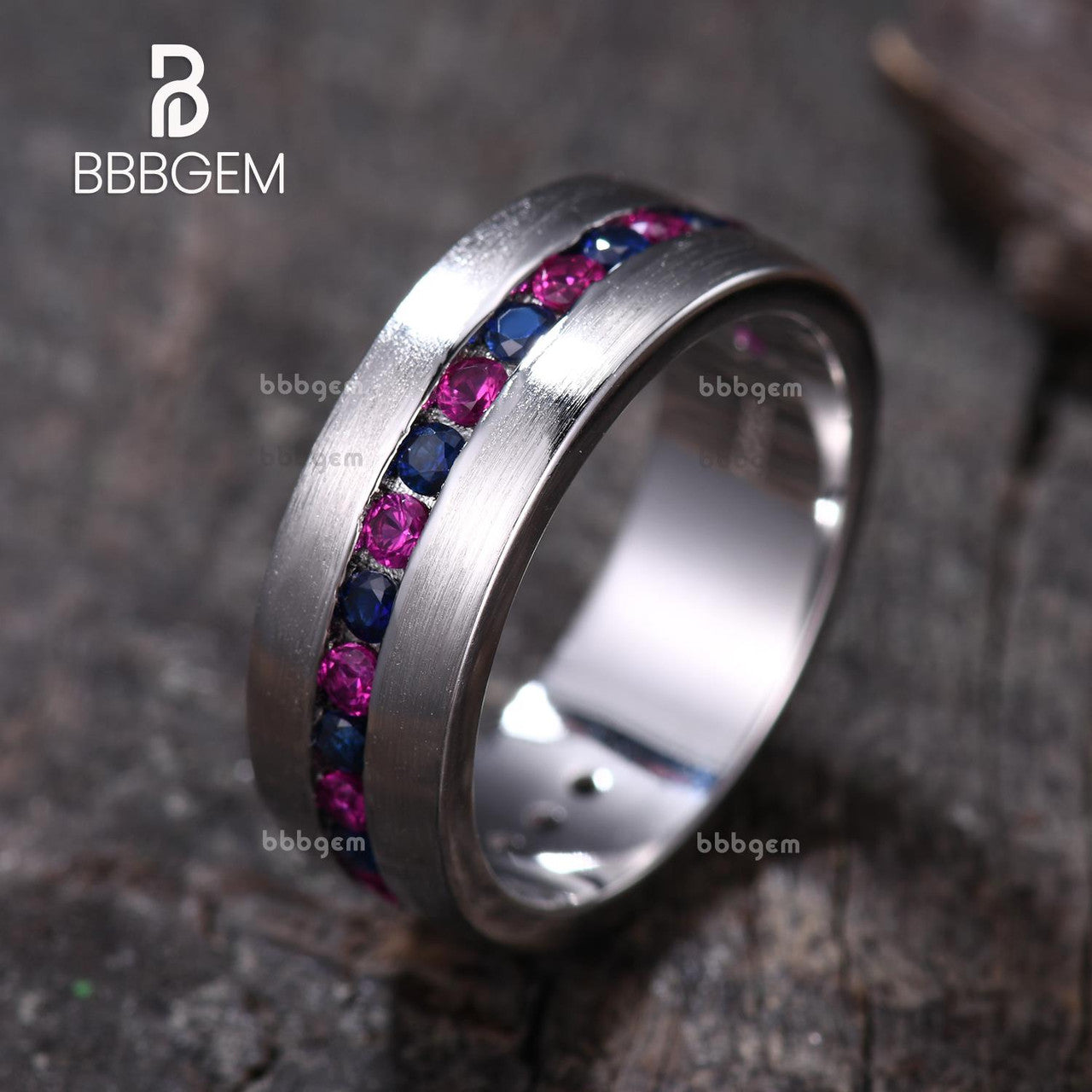 7mm Matte Blue Sapphire & Lab Ruby 3/4 Eternity Band Ring for Men - Sterling Silver Satin Finish - Wedding Band, Anniversary Gift, Promise Ring, Everyday Jewelry
