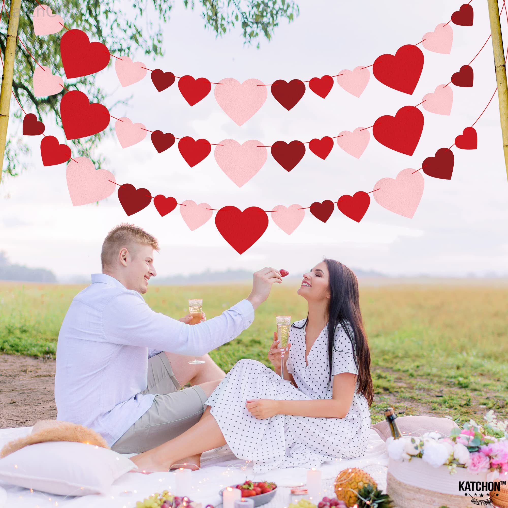 KatchOn Felt Valentine's Day Garland - 3 Strings, 8.2 Feet Red Heart Banner for Wall Decor | Ready-to-Hang Galentine's Day & Valentine's Party Decorations | Perfect for Home, Office, Wedding, Baby Shower & Romantic Events