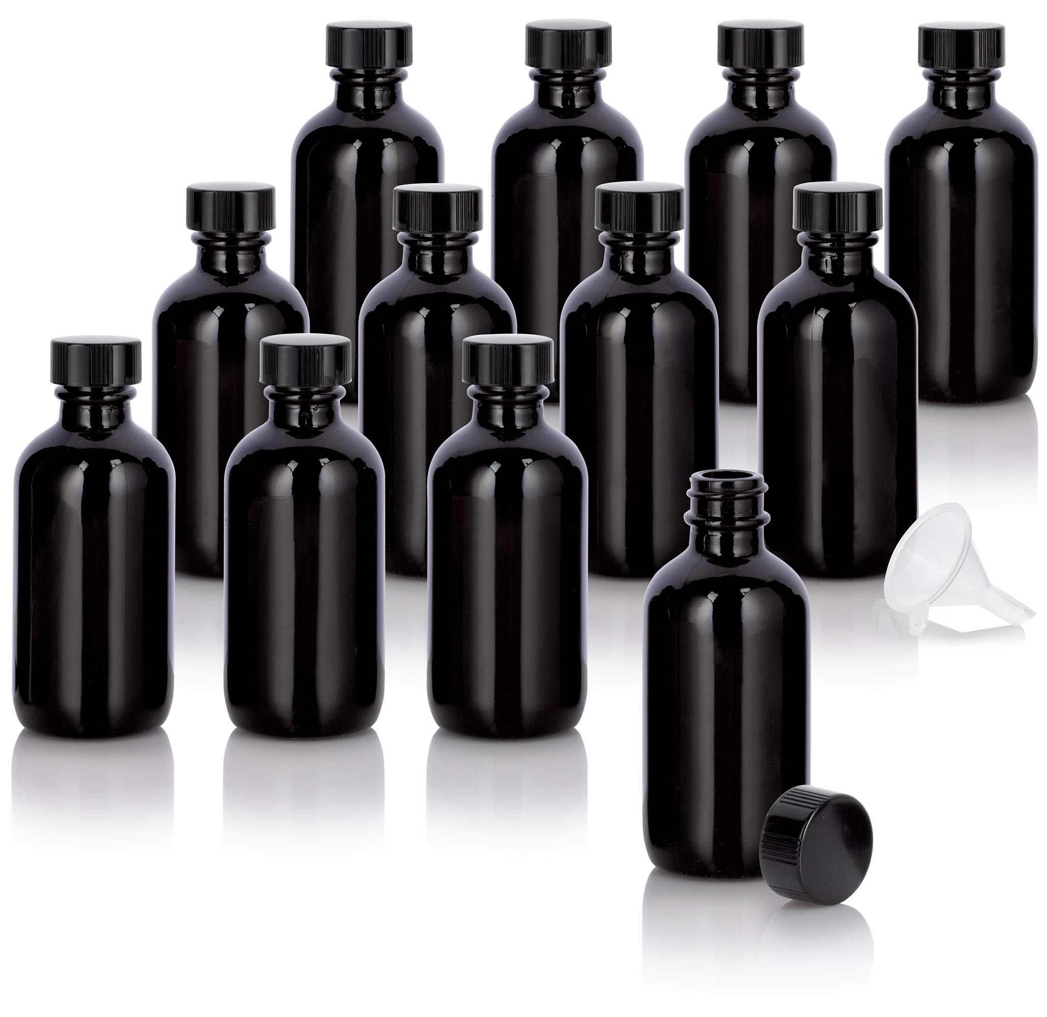 Premium 2 oz Black Glass Boston Round Bottles with Black Phenolic Cap - 12 Pack + Free Funnel - Essential Oil Bottles, Perfume Containers & DIY Craft Storage (Luxury Cosmetic Packaging)