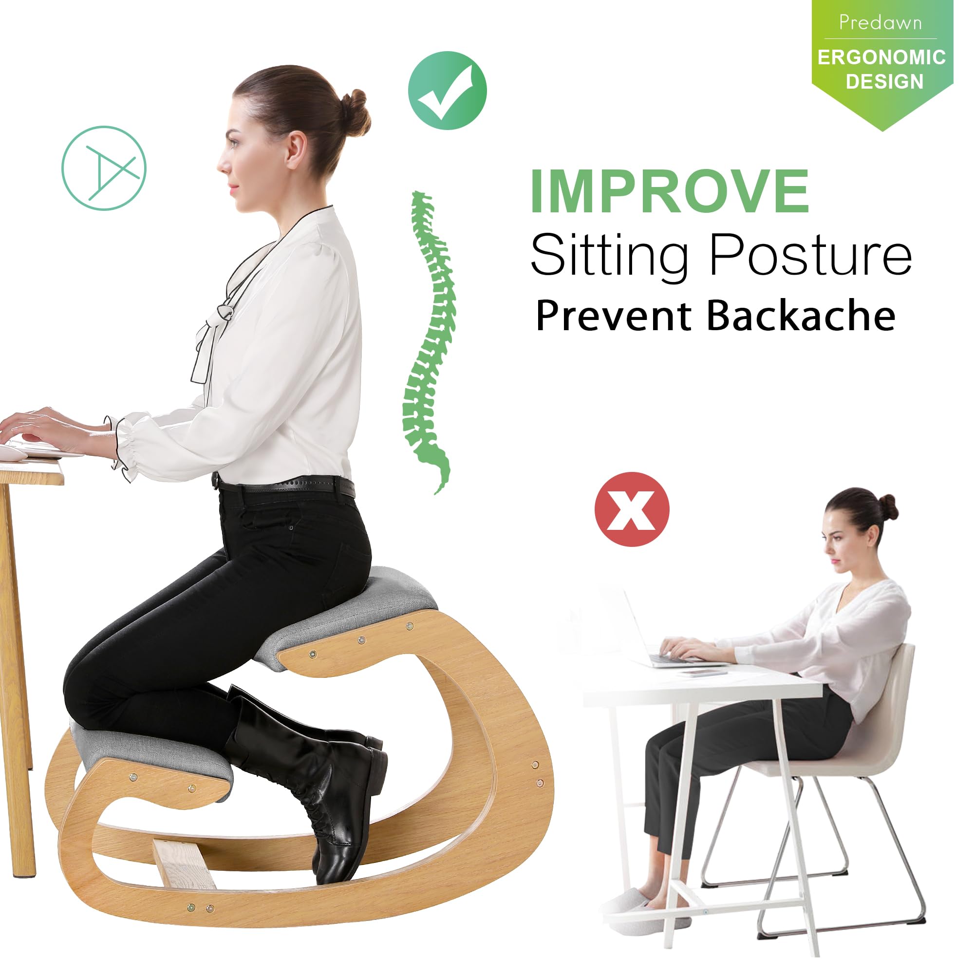 Ergonomic Kneeling Chair for Office & Home - Rocking Knee Stool with Wooden Frame & Linen Cushion - Improves Posture & Relieves Back/Neck Pain - White Oak Grey - Perfect for Meditation, Workstations & Pain Relief Therapy