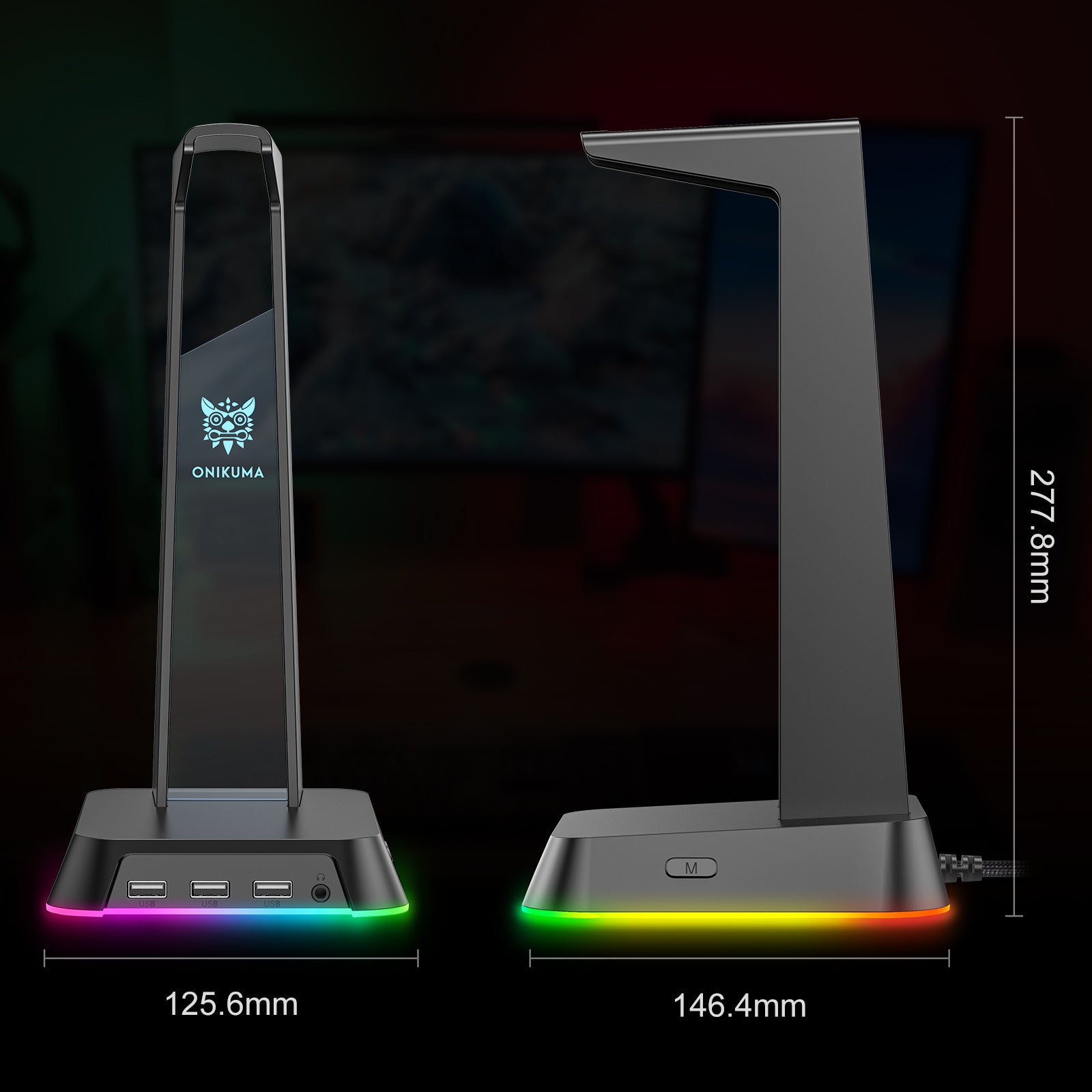 ONIKUMA ST2 RGB Gaming Headphone Stand with 3 USB Ports & 3.5mm AUX Jack - Perfect for PC Gaming Setup, Streaming Studio & Office Workspace