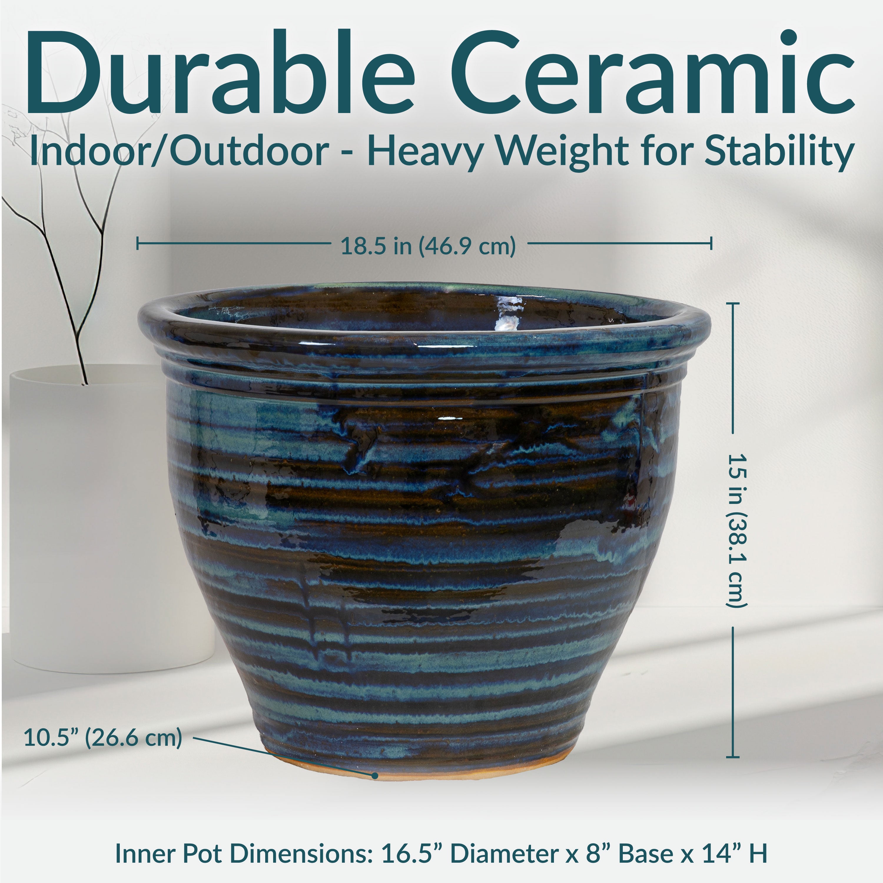 Sunnydaze Studio Round Glazed Ceramic Planter with Drainage Hole - Indoor Outdoor Flower Pot for Plants, Succulents, Herbs - Perfect for Patio, Garden, Balcony Decor