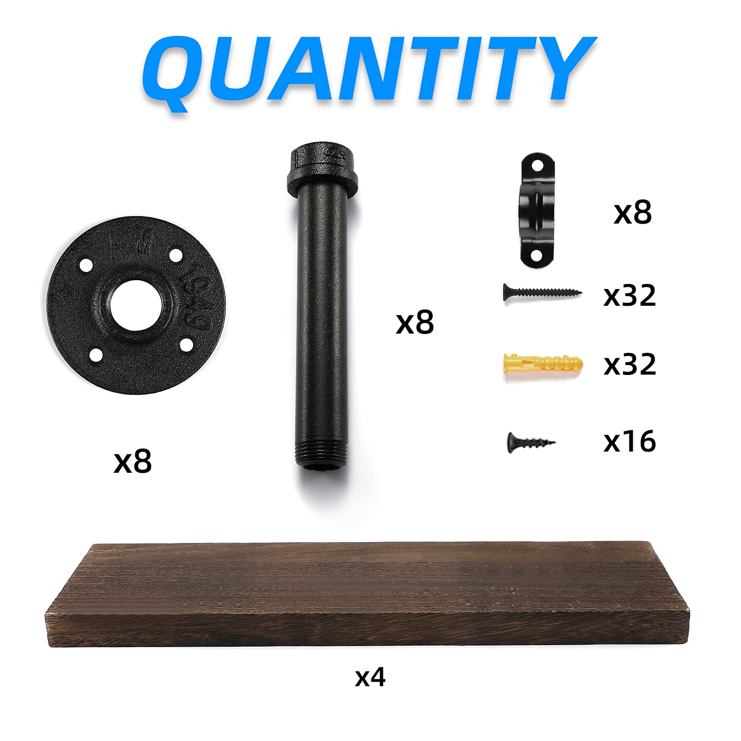 Industrial Pipe Floating Shelves Set of 4 - Rustic Brown Wall Mounted Wood Storage Shelves for Bedroom, Living Room, Bathroom, Kitchen & Office - Perfect for Displaying Books, Decor & Organizing Small Items