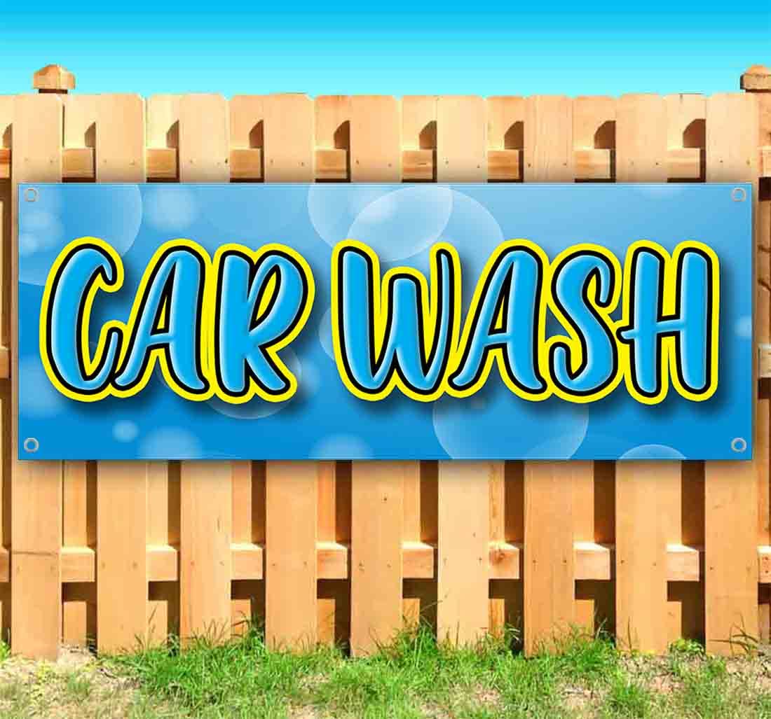 Premium 13 oz Heavy-Duty Vinyl Car Wash Banner - Blue & Yellow Bubble Design with Metal Grommets | Weather-Resistant Non-Fabric Sign for Auto Detailing Business, Car Wash Events & Gas Station Advertising