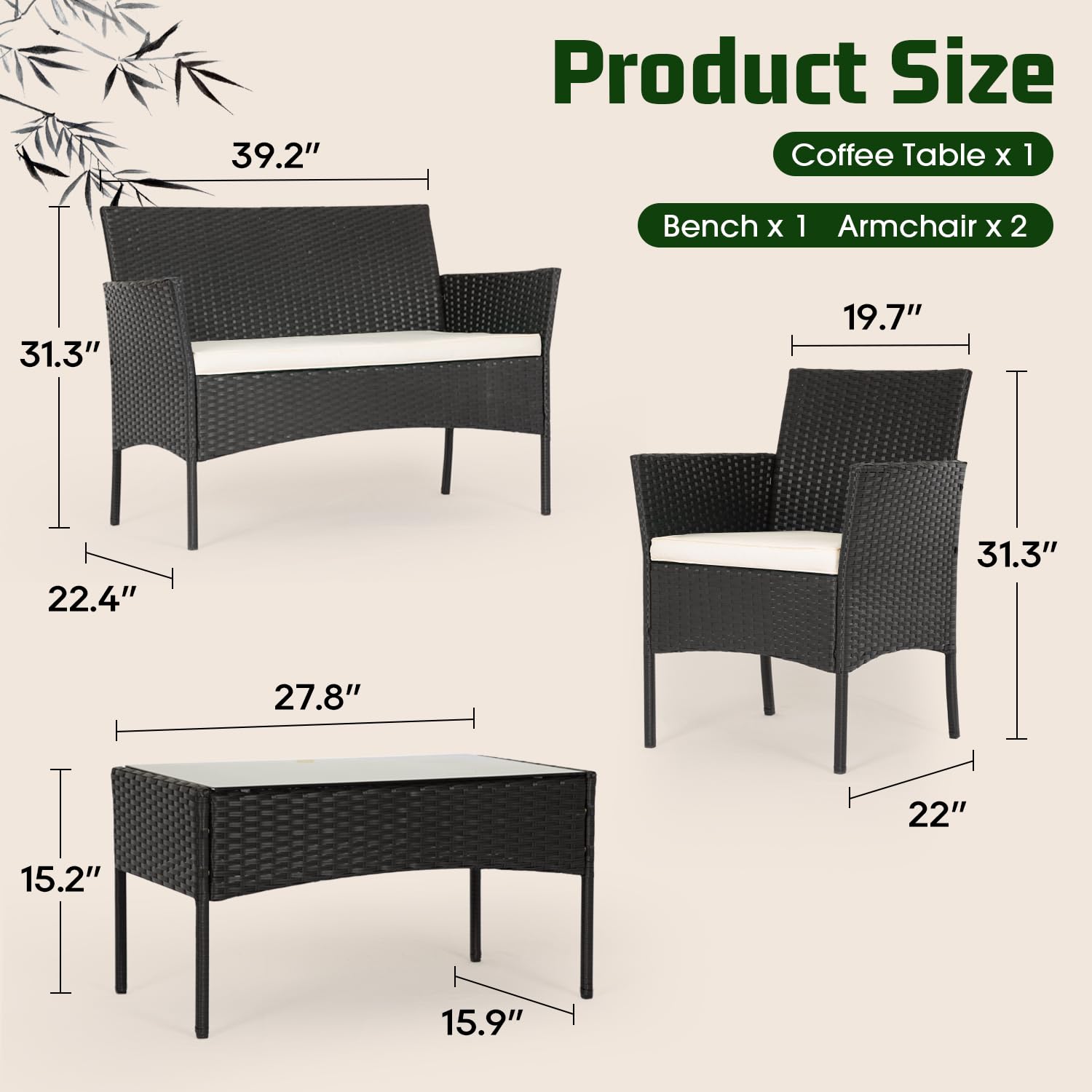 **FDW 4-Piece Outdoor Patio Furniture Set - Rattan Wicker Sofa & Chairs - Garden Conversation Bistro Set for Yard, Pool, or Backyard - Perfect for Relaxing & Entertaining Outdoors**