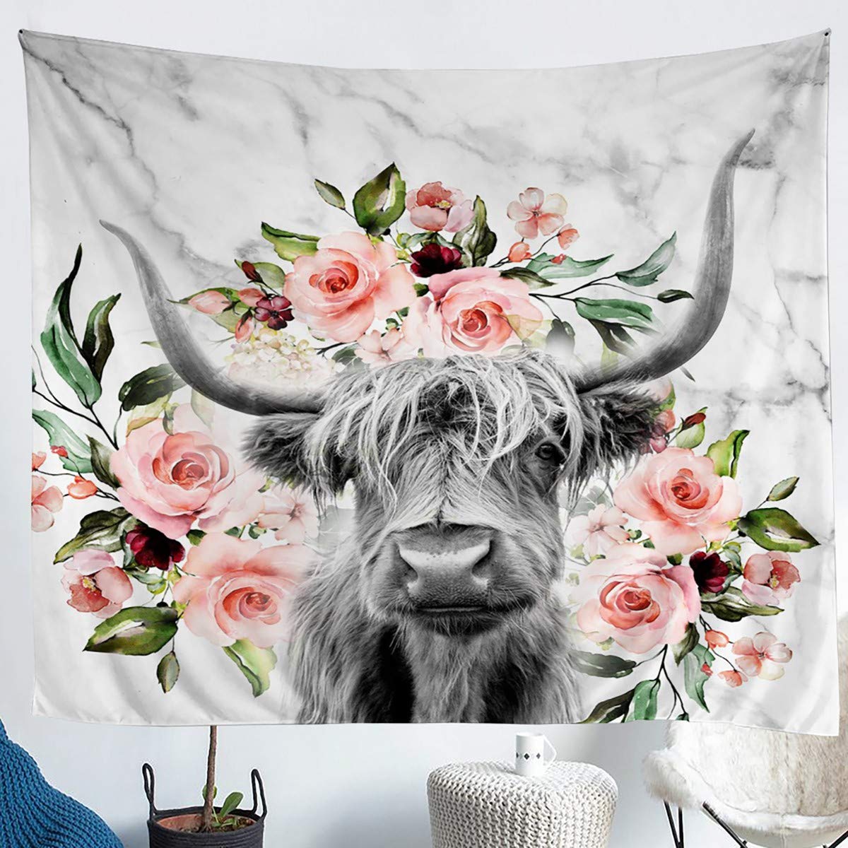 Highland Cow Flower Tapestry Wall Hanging - Western Farmhouse Decor for Bedroom, Living Room (59x82 Inches, Rose Grey Marble) | Funny Animal Wall Art, Wildlife Home Decor