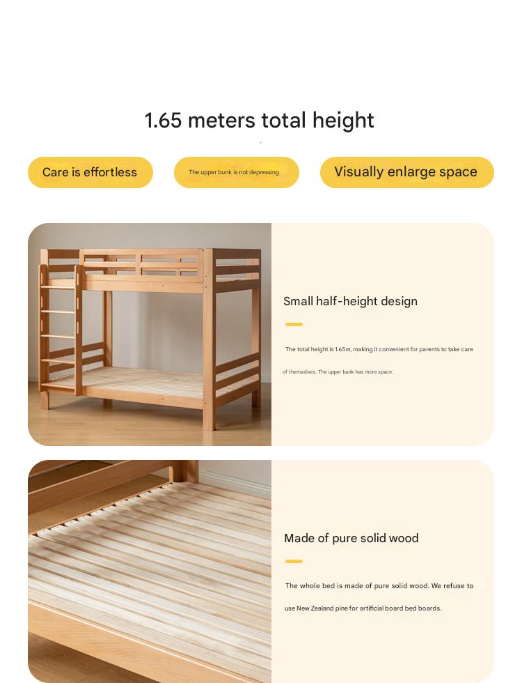 Solid Wood Bunk Bed - Beech & Birch Twin/Full Size - Space-Saving Kids & Guest Room Furniture for Small Bedrooms & Vacation Homes