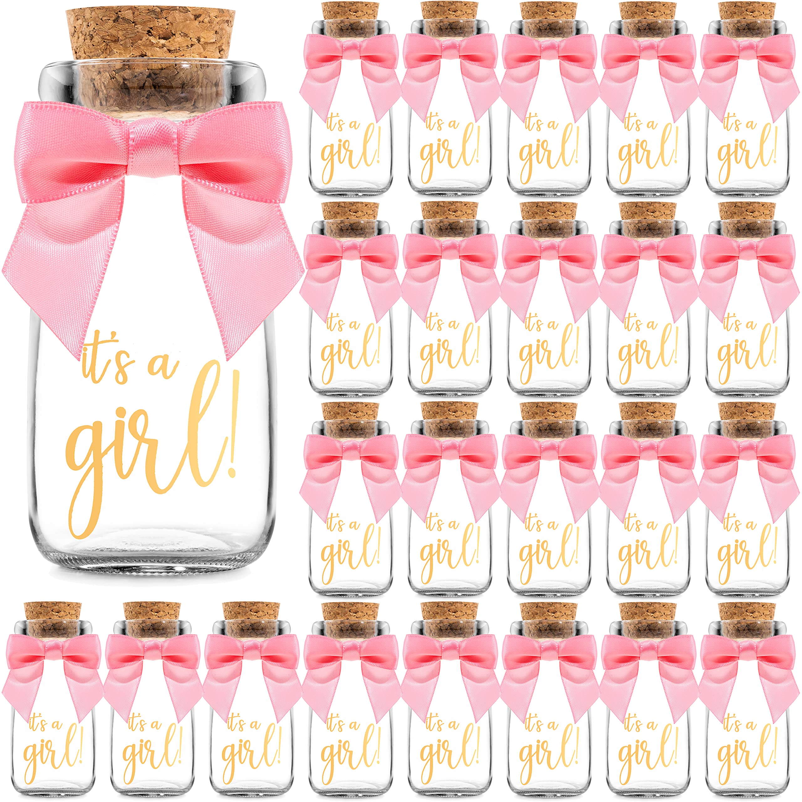 24 Pack Vintage Milk Glass Bottles with Ribbons & Stickers - Baby Shower Favors for Girls, Table Centerpieces & Party Decor - Thank You Candy Jars for Guests - Perfect for Baby Showers, Bridal Showers & Birthday Parties