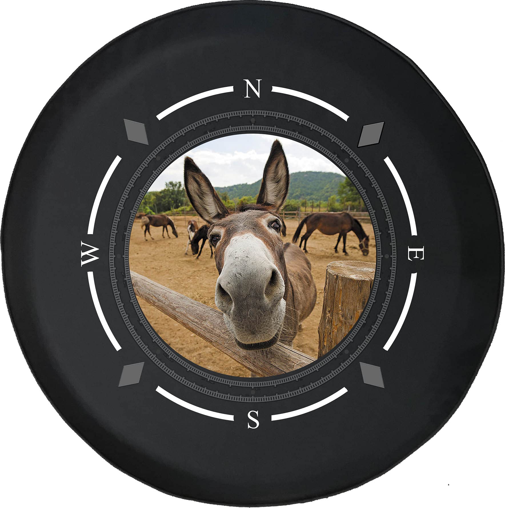 Premium American Unlimited Spare Tire Cover with Compass Design - Durable Donkey & Horse Through Fence Pattern - Universal Fit for SUV, Trailer, RV & Most Vehicles - Perfect for Off-Road Adventures & Camping Trips