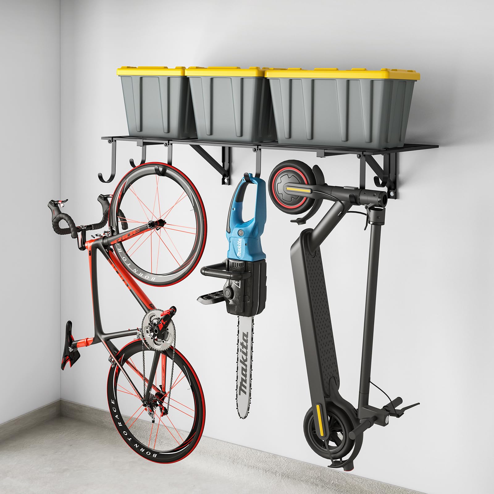 ROOMTEC Heavy Duty Garage Wall Mounted Shelves with 6 Hooks - 2x4FT Steel Garage Shelving - 400 lbs Capacity (1 Pack) - Perfect for Garage Storage, Workshop Organization & Home Tool Rack