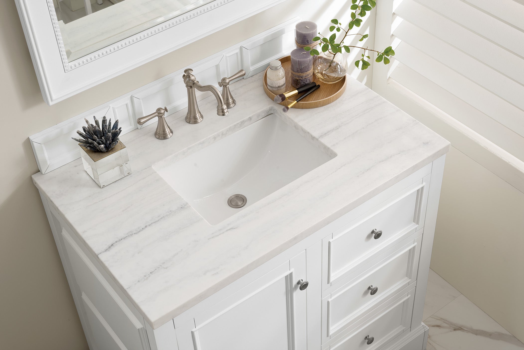 De Soto 36 Inch Single Bathroom Vanity with Arctic Fall Solid Surface Top - Bright White Finish for Modern Bathrooms | Perfect for Small Spaces, Guest Bathrooms & Home Renovations