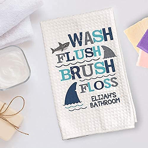 Shark-Themed Personalized Bathroom Towel Set for Boys - Wash Flush Brush Floss Decor - Soft Absorbent Shark Decor Towel for Kids Bathroom, Beach, Pool & Sports Activities