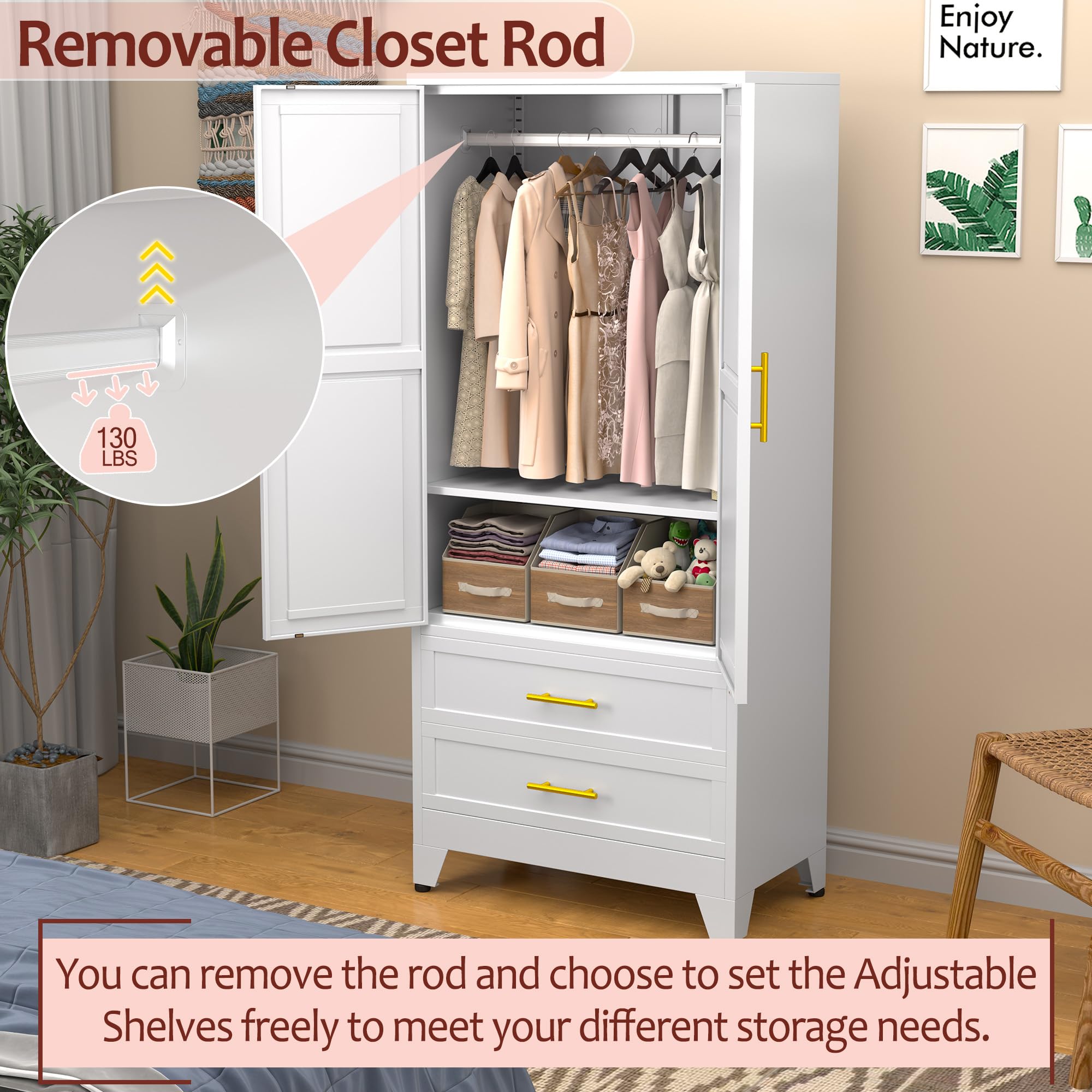 White Metal Armoire Wardrobe Closet with 2 Drawers, Hanging Rod & Adjustable Shelves - 71