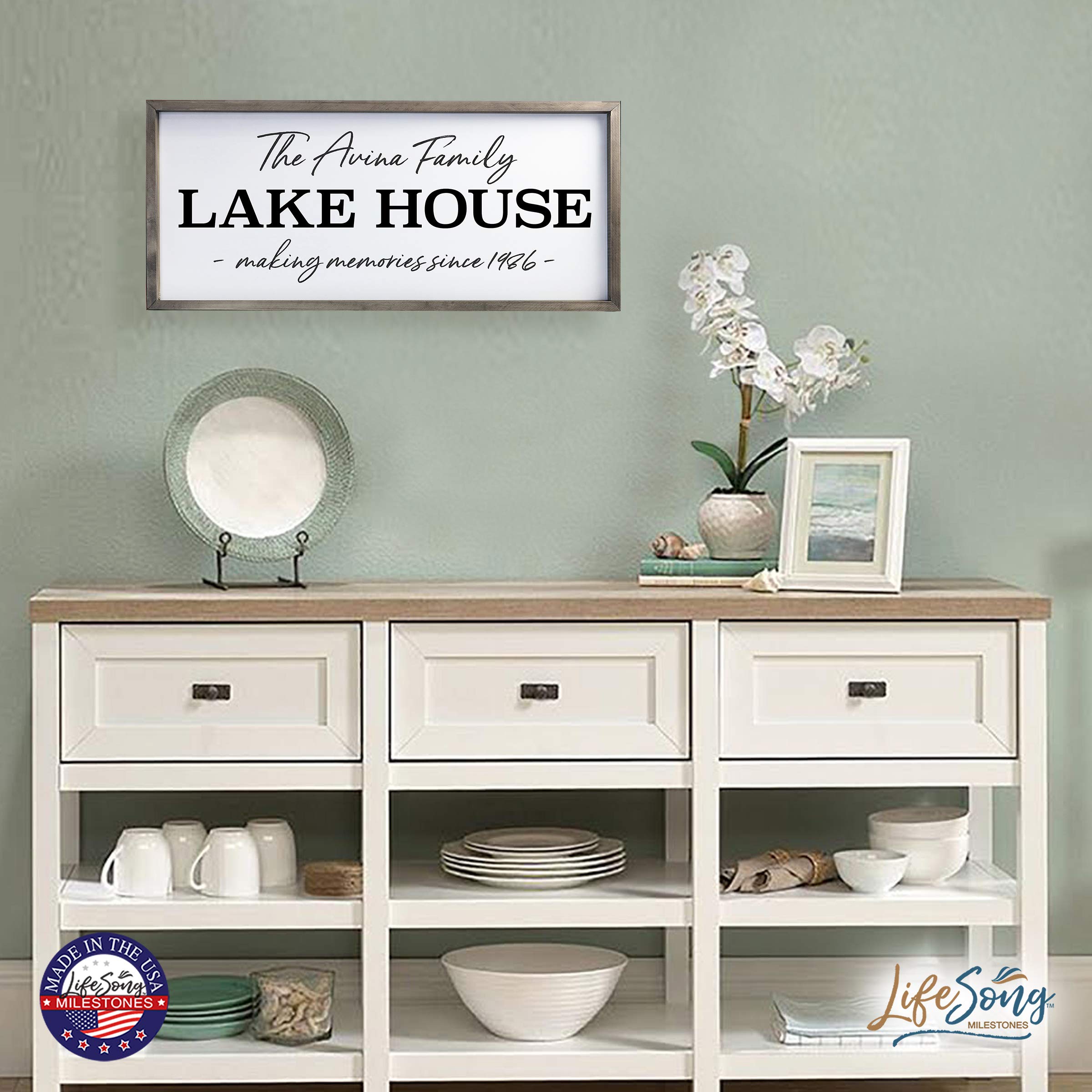 LifeSong Milestones Personalized Home Framed Shadow Box - Custom Lake House Memory Gift for Parents, Christian Wall Decor for Husband & Wife - Housewarming Gift, Table & Shelf Decor 13x30 (Gray) - Perfect for Anniversaries, Weddings & Family Keepsakes