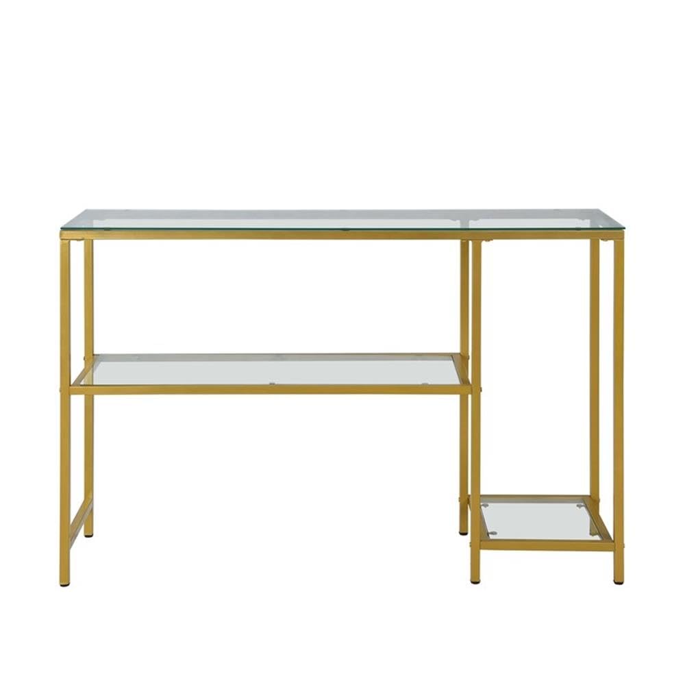 BOWERY HILL Gold Glass Console Table with Shelves - Modern Entryway, Living Room & Hallway Decor