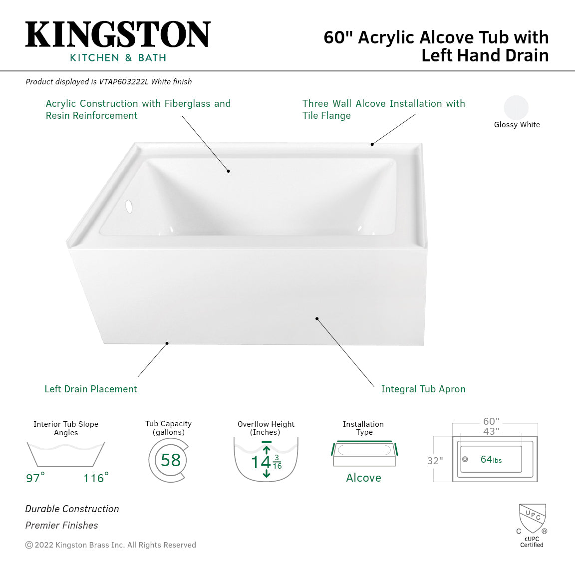 Aqua Eden VTAP603222L 60 Inch Acrylic Rectangular 3 Wall Alcove Bathtub - Left Hand Drain, Glossy White Finish - Perfect for Modern Bathrooms & Spa-Like Retreats