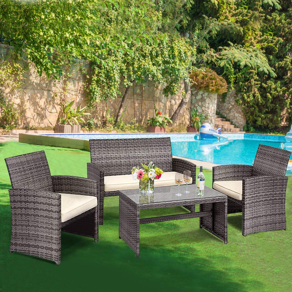 HAPPYGRILL 4-Piece Outdoor Rattan Patio Furniture Set with PE Wicker Coffee Table, Sofa Chairs & Soft Cushions - Perfect for Garden, Poolside, Porch, Backyard Relaxation & Entertaining