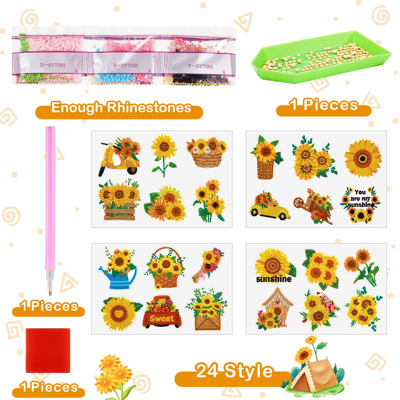 24-Piece Sunflower Diamond Art Stickers Kit for Kids - 5D DIY Gem Painting, Mosaic Stickers, Paint by Numbers - Perfect for Spring Crafts, Back to School Gifts for Boys & Girls, Home Decor & Kids' Art Projects