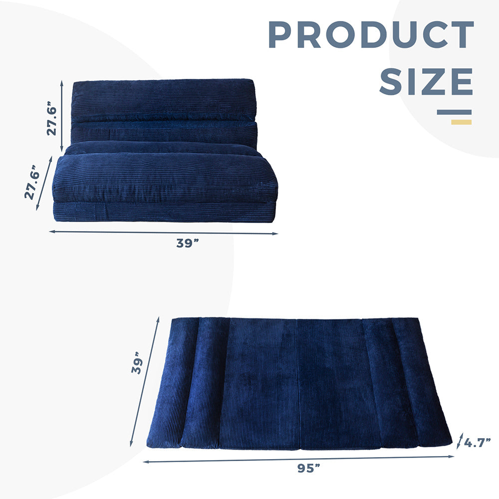 MAXYOYO Folding Sofa Bed - Extra Wide Corduroy Floor Mattress in Navy Blue | Convertible Sleeper for Small Spaces, Guest Room & Dorm | Comfortable Lounge Sofa for Living Room, Bedroom & Apartment