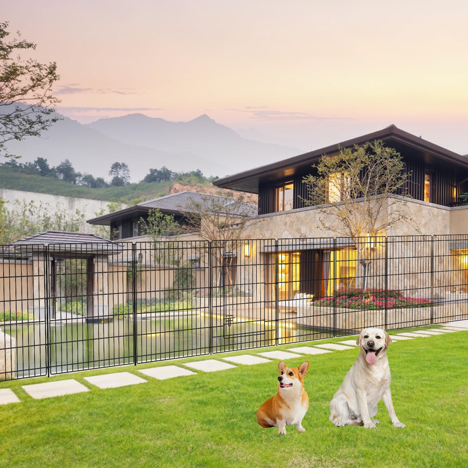 INJOPEXI 12-Panel Decorative Garden Fence - 26ft Length × 36in Height, Rustproof Metal Wire Outdoor Fencing with Gate - Perfect for Yards, Lawns, Parks & Rabbit/Dog Barriers | Ideal for Temporary Animal Enclosures, Garden Borders & Landscape Design