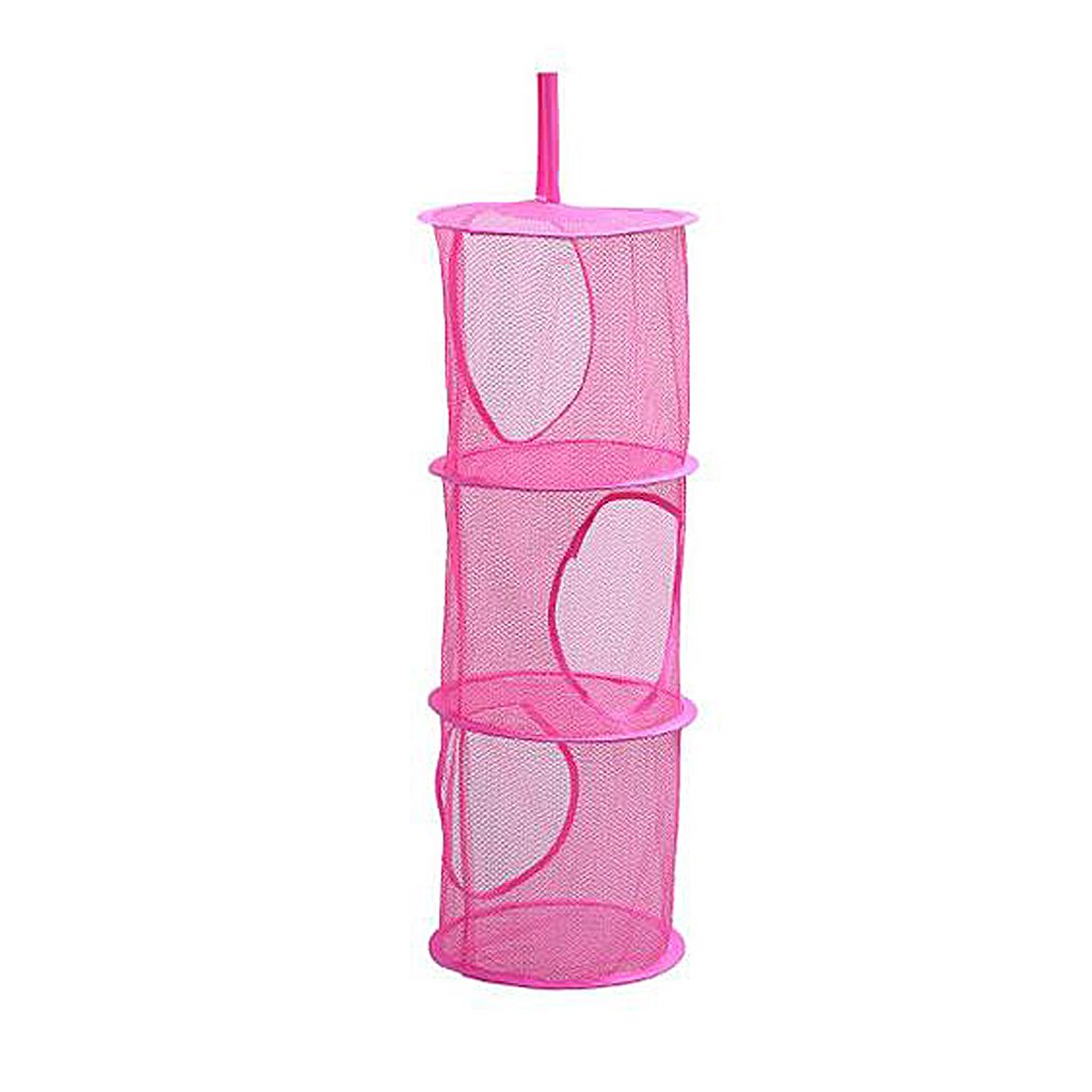 IOOOFU 3-Tier Mesh Toy Organizer Bag - Hanging Storage for Kids Toys, Bedroom, Closet & Wall Door - Space Saving & Durable - Hermosa Pink - Perfect for Nursery, Playroom & Home Organization