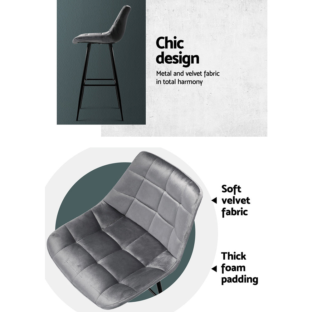 2-Pack Grey Velvet Bar Stools - Modern Kitchen Counter Stools for Dining Room, Bar, or Breakfast Nook - Comfortable & Stylish Seating Solution