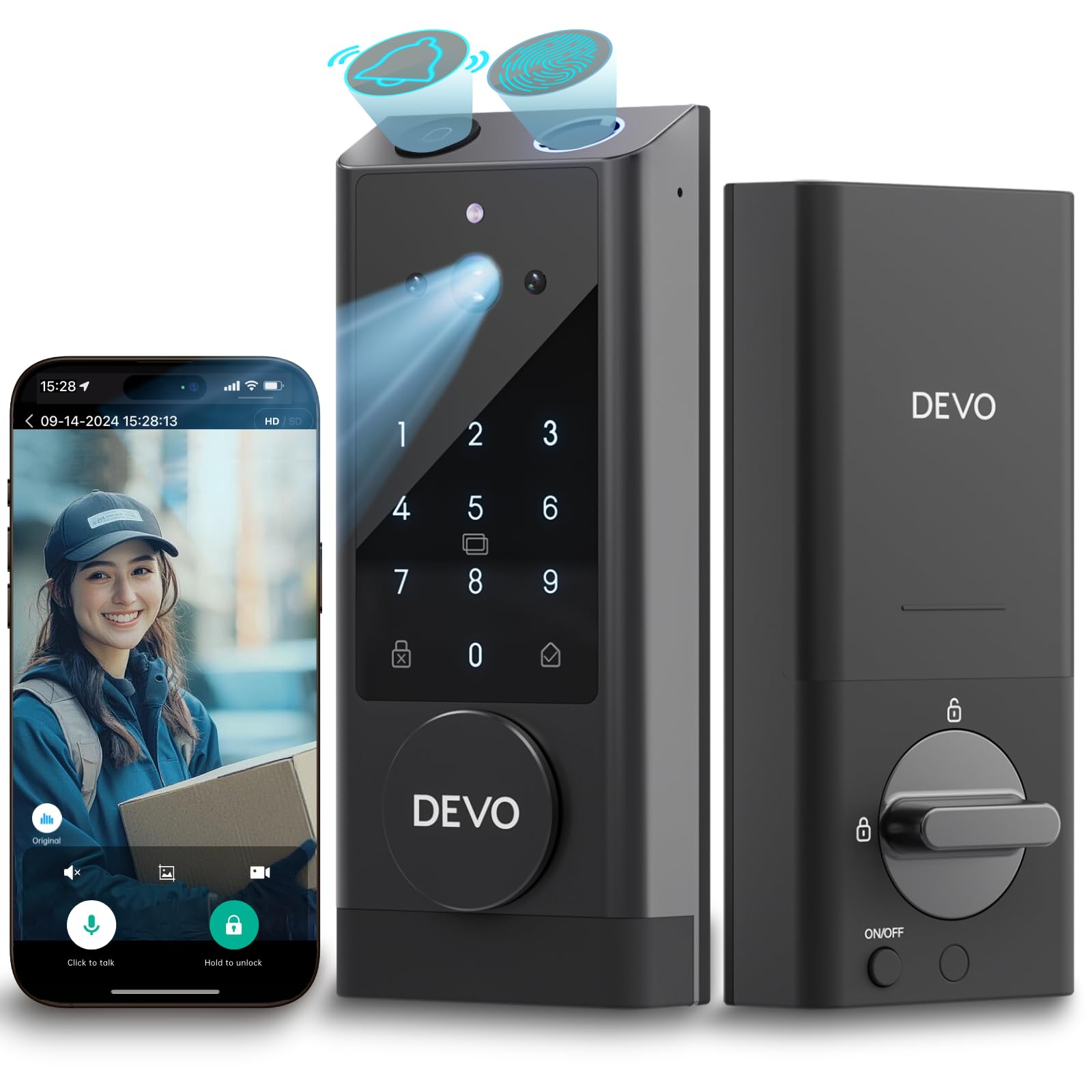 Devo G1 Smart Video Door Lock with Camera & Doorbell - 6-in-1 Keyless Entry, Fingerprint ID, Auto Lock, Wi-Fi Enabled Smart Deadbolt for Front Door - Easy Installation, Waterproof, BHMA Grade 3 - Perfect for Home Security & Smart Access Control