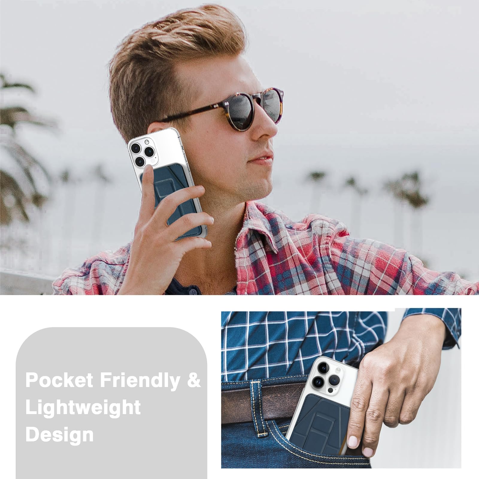 Magnetic Slim PU Leather Wallet with Kickstand - Compatible with MagSafe for iPhone 15 Pro Max/15 Plus/15 Pro/15/14/13/12 Series | Lightweight Card Holder & Phone Stand | Perfect for Daily Use, Travel, and Hands-Free Viewing (Blue)