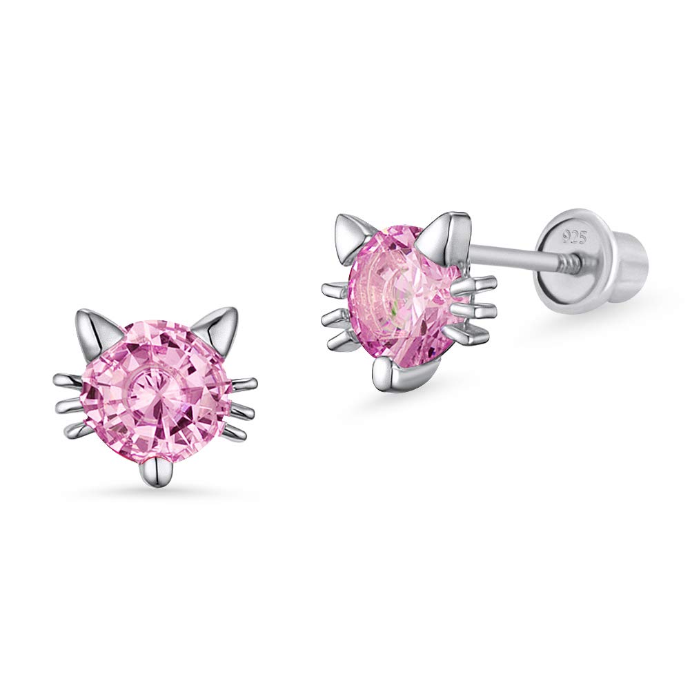 925 Sterling Silver Rhodium Plated Pink Cat Stud Earrings with Cubic Zirconia - Screw Back for Girls & Teens - Perfect for Birthdays, Gifts & Everyday Wear