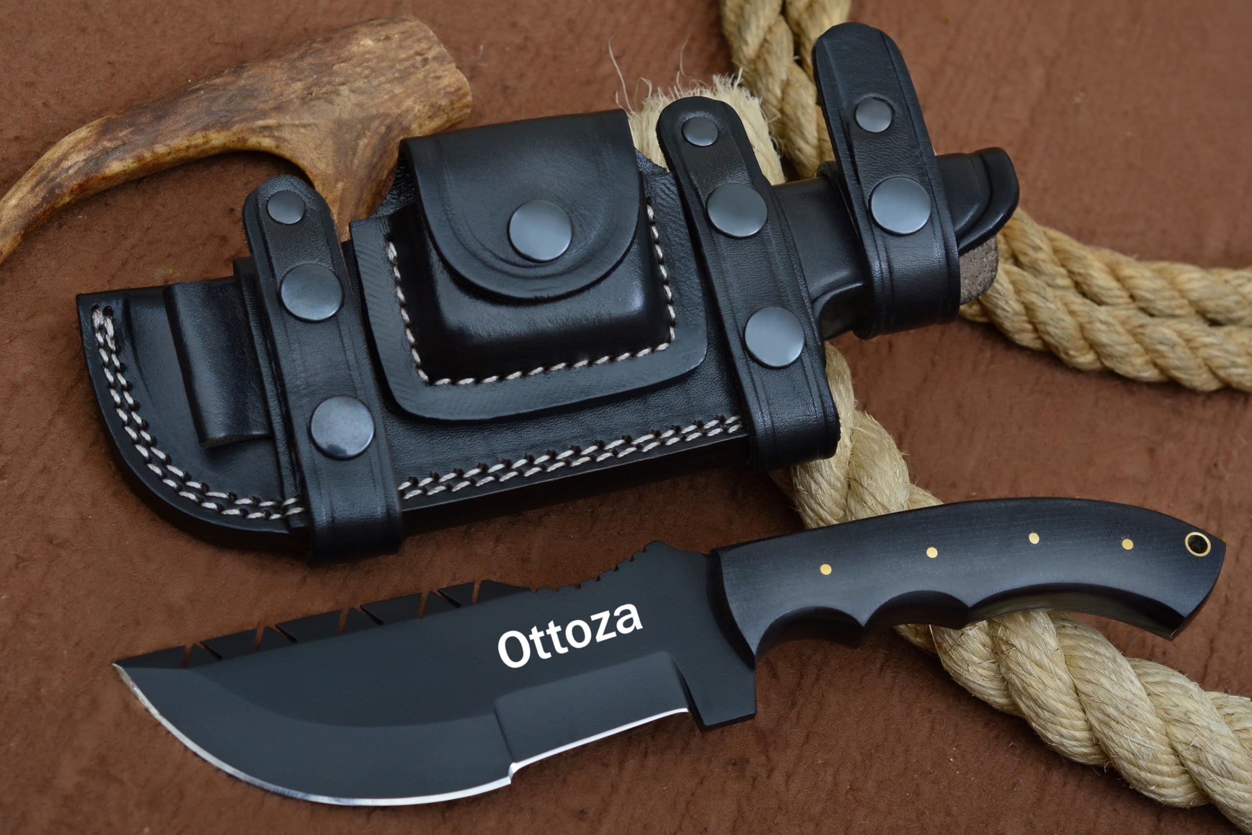 Ottoza Fixed Blade Hunting Knife - 1095 High Carbon Steel with Micarta Handle & Horizontal Carry Sheath for Outdoor Survival, Camping, Bushcraft | Perfect for Hunting, Fishing, and Wilderness Adventures
