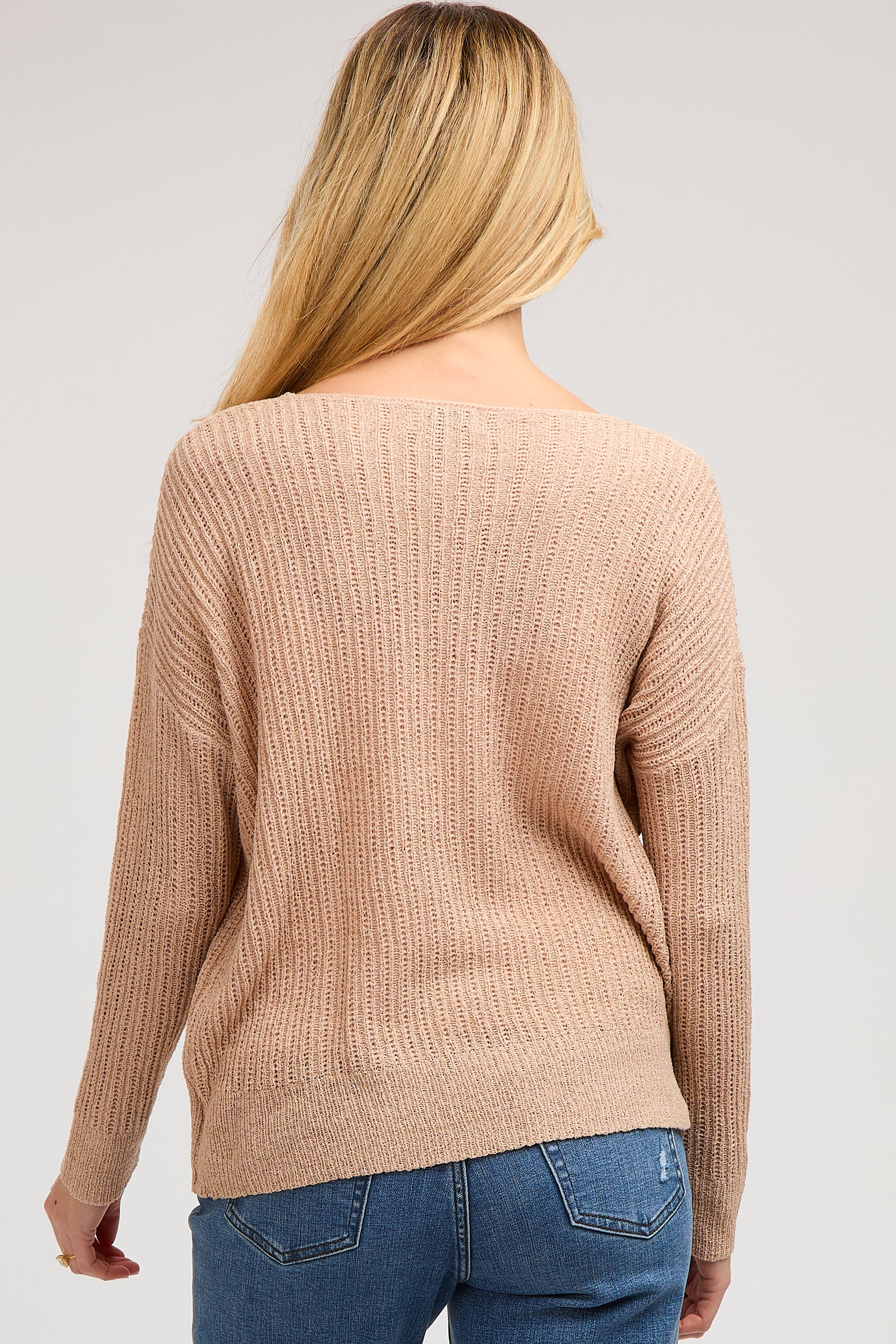 Beige Knit V-Neck Maternity Long Sleeve Top for Pregnancy Comfort - Soft Stretchy Nursing Shirt for Expecting Moms (Perfect for Work, Casual Wear & Maternity Photos)
