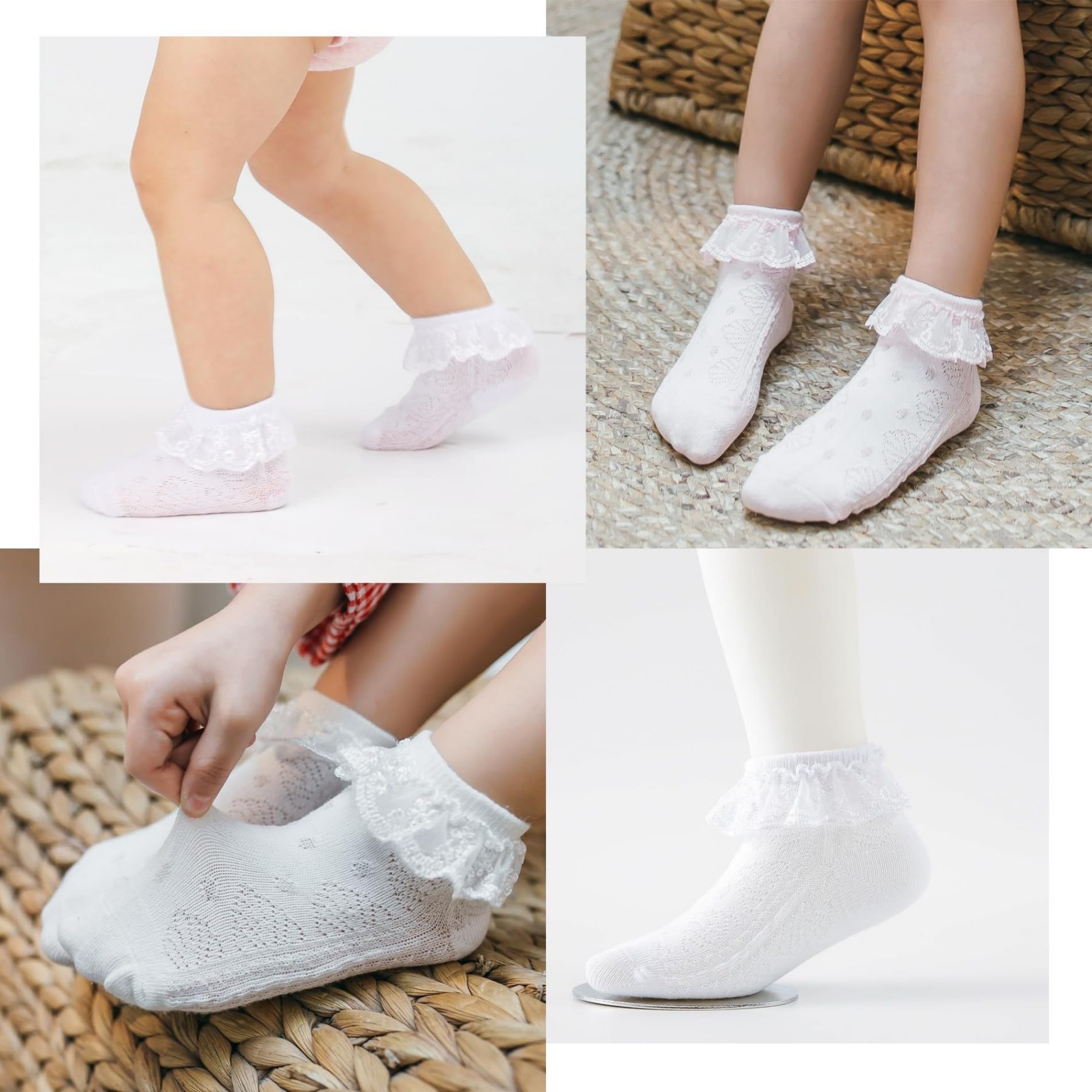 Adorable Baby Girls Ruffle Eyelet Lace Socks - Soft White Frilly Dress Socks for Newborns & Infants - Perfect for Special Occasions, Photo Shoots & Everyday Outfits