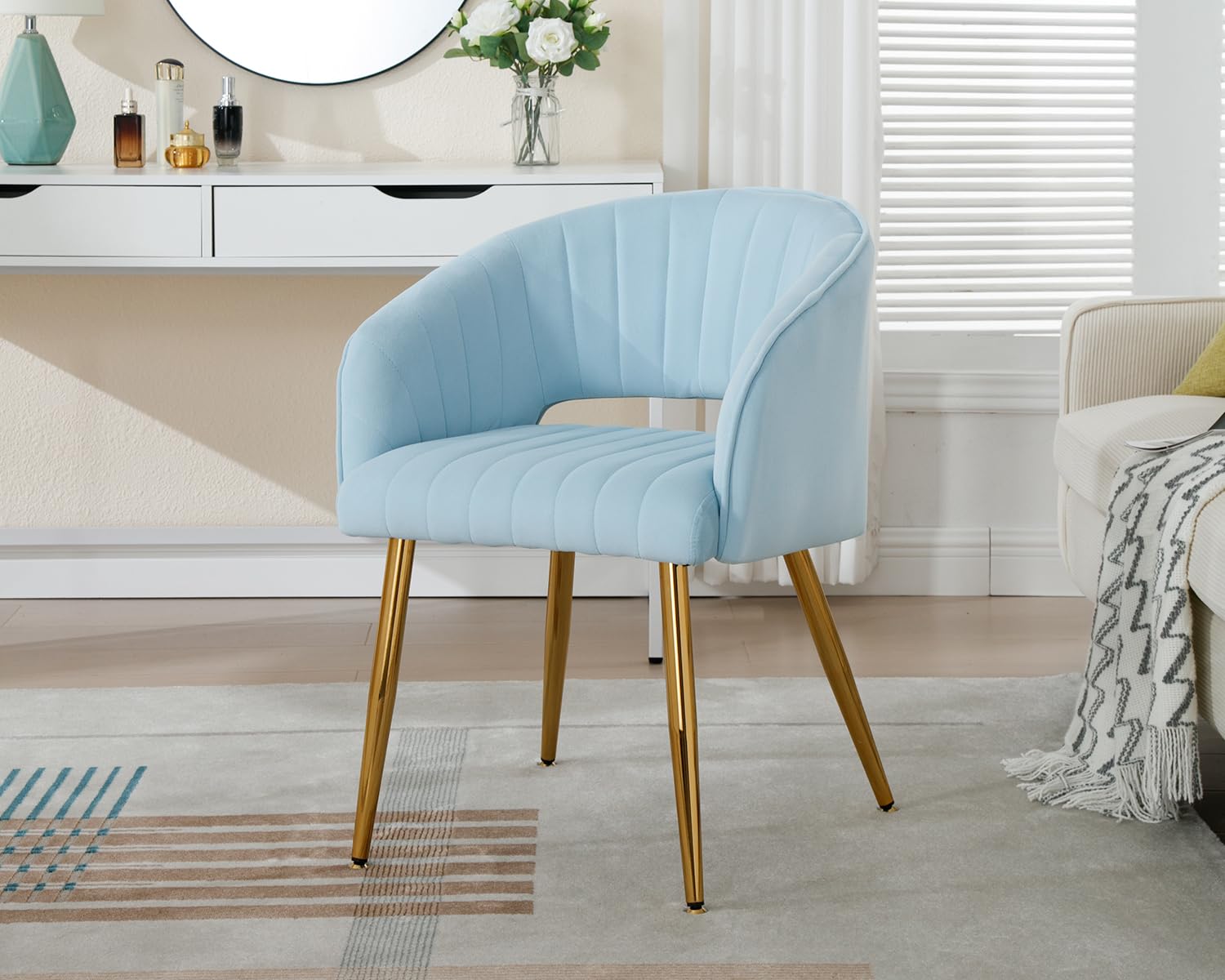 KCC Modern Velvet Desk Chair - Tufted Upholstered Accent Armchair with Gold Metal Legs for Dining Room, Living Room, Office & Restaurant | Baby Blue Velvet Side Chair for Home Decor, Vanity Dressing Table & Workspace