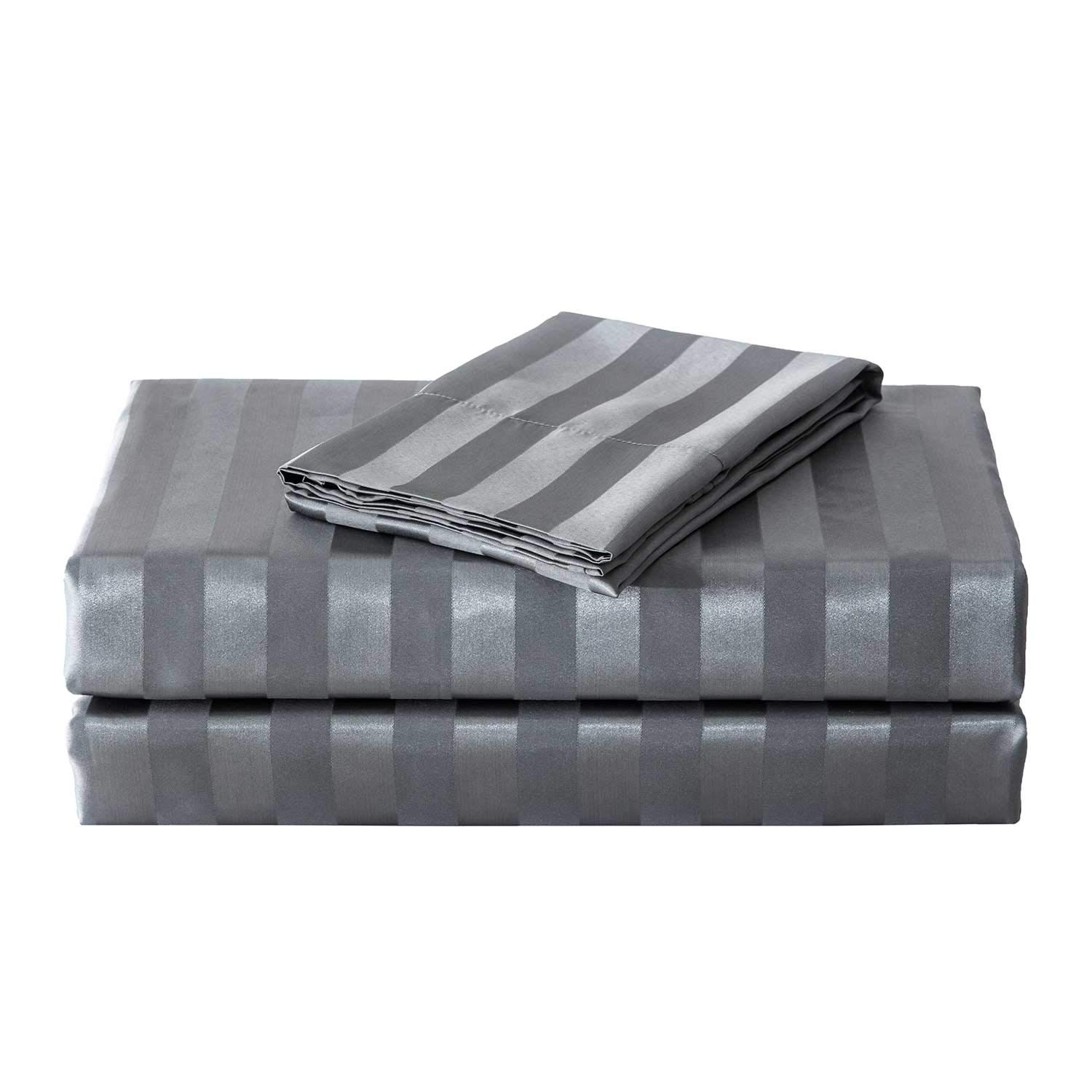 Premium Dark Grey Satin-Silk King Size Bed Sheets Set - Hypoallergenic, Cooling, Wrinkle & Fade Resistant with Deep Pockets - Luxury Striped Bedding for Master Bedroom & Guest Room