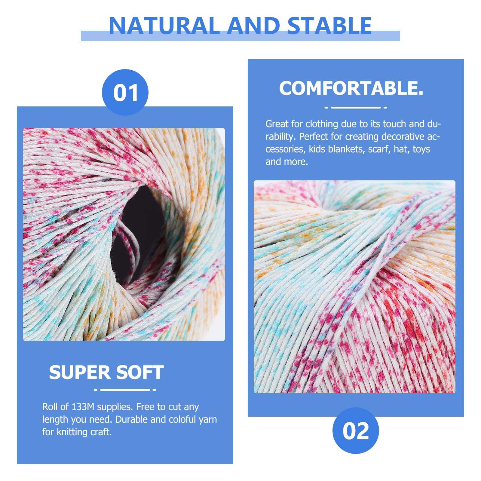 1 Roll Rainbow Cotton Knitting Yarn - Soft Crochet Yarn for DIY Sweaters, Blankets & Costumes (Colorful) | Hand Knitting & Crochet Projects for Beginners & Craft Lovers