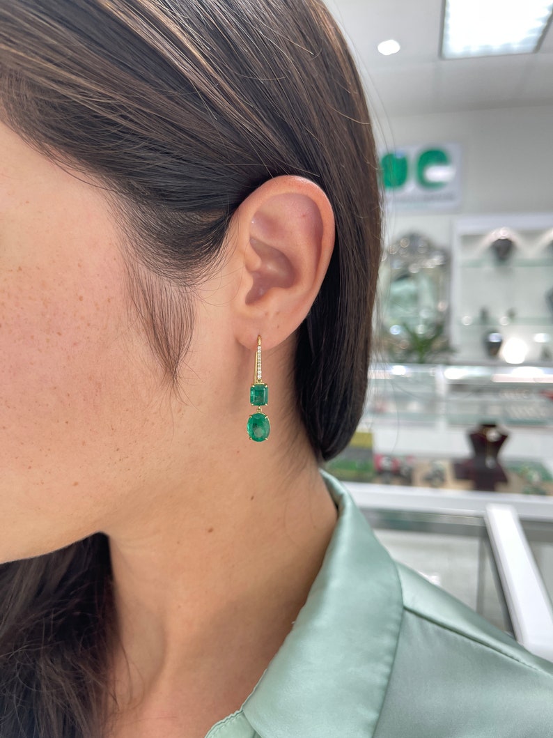 9.49tcw 18K Gold Natural Fine Quality Dark Emerald Diamond Accent Dangle Earrings for Women - Perfect for Weddings, Parties & Special Occasions