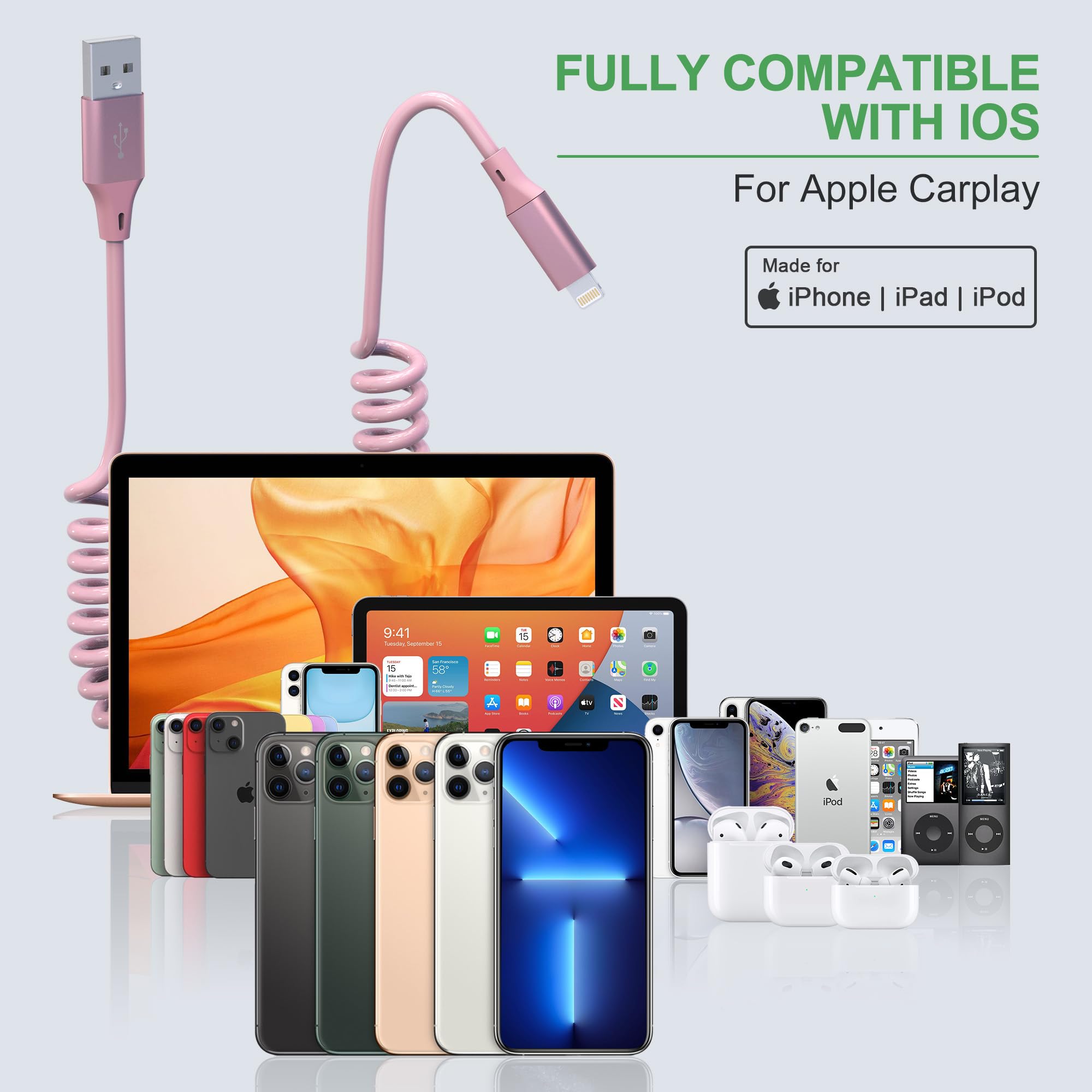 Apple MFi Certified Coiled Lightning Cable - Short Retractable iPhone Car Charger with Data Sync for iPhone/iPad/iPod (Pink) | Fast Charging & Durable for Carplay, Home, Office & Travel Use