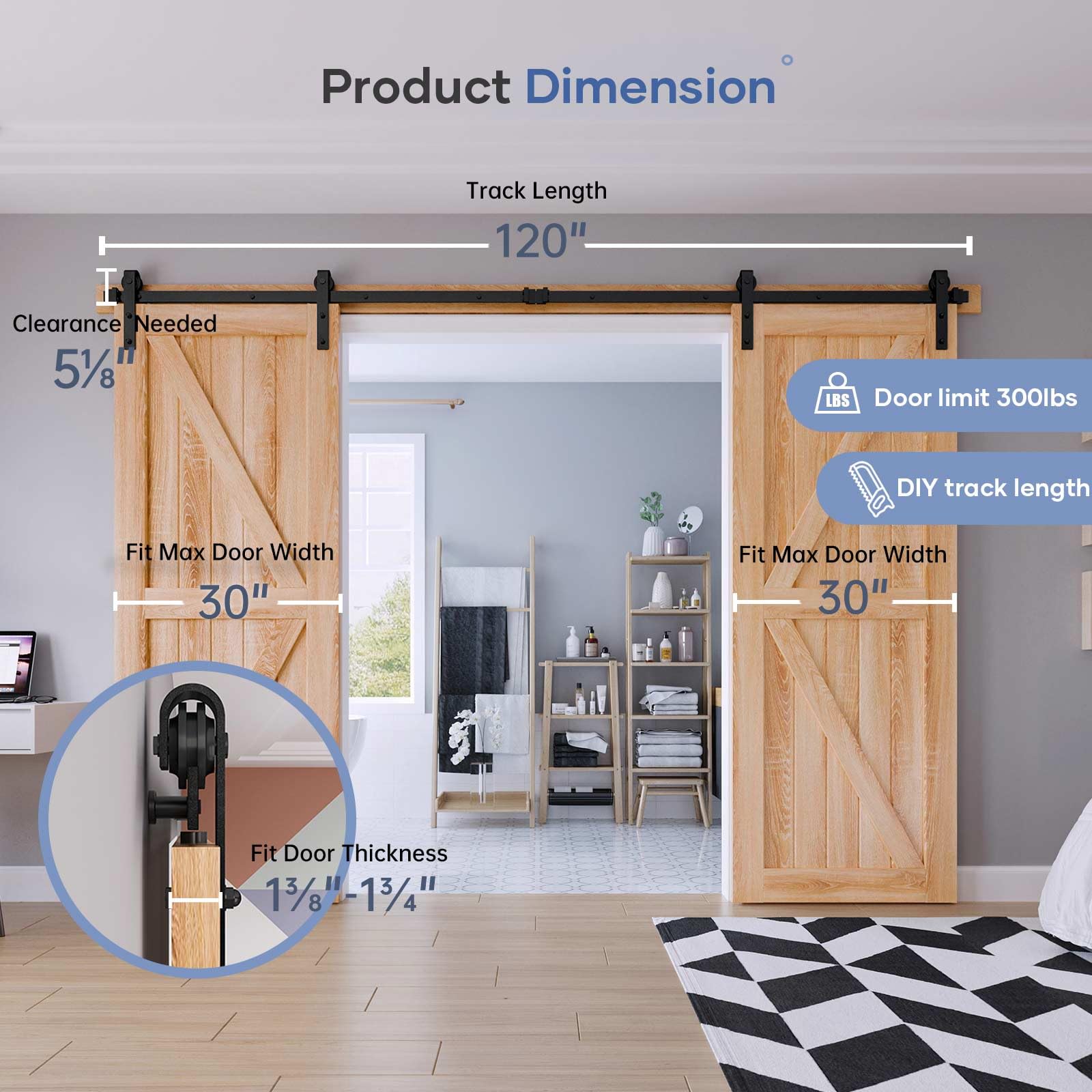 EaseLife 10 FT Heavy Duty Double Door Sliding Barn Door Hardware Track Kit with J Pulley - Smooth & Quiet Operation, Easy Installation (Fits Double 30