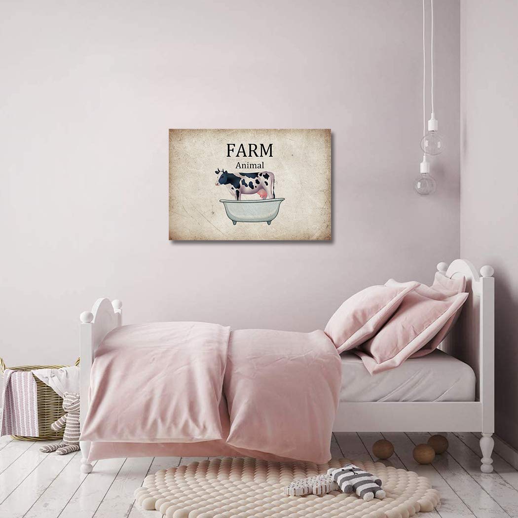 Funny Cow in Bathtub Canvas Wall Art - Retro Farm Animal Painting for Living Room, Bedroom & Bathroom Decor - 24x16 Inch Ready to Hang Picture - Perfect for Farmhouse, Country Style or Humorous Home Decor